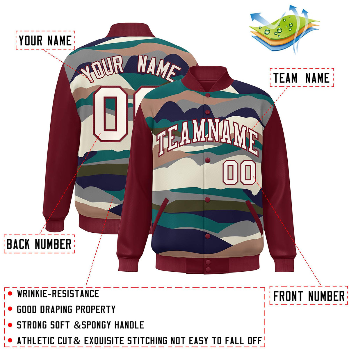 Custom Crimson Cream Multi Clouds Graffiti Pattern Varsity Full-Snap Jacket