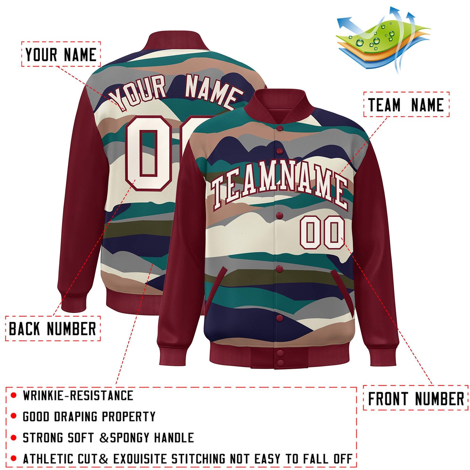 Custom Crimson Cream Multi Clouds Graffiti Pattern Varsity Full-Snap Jacket