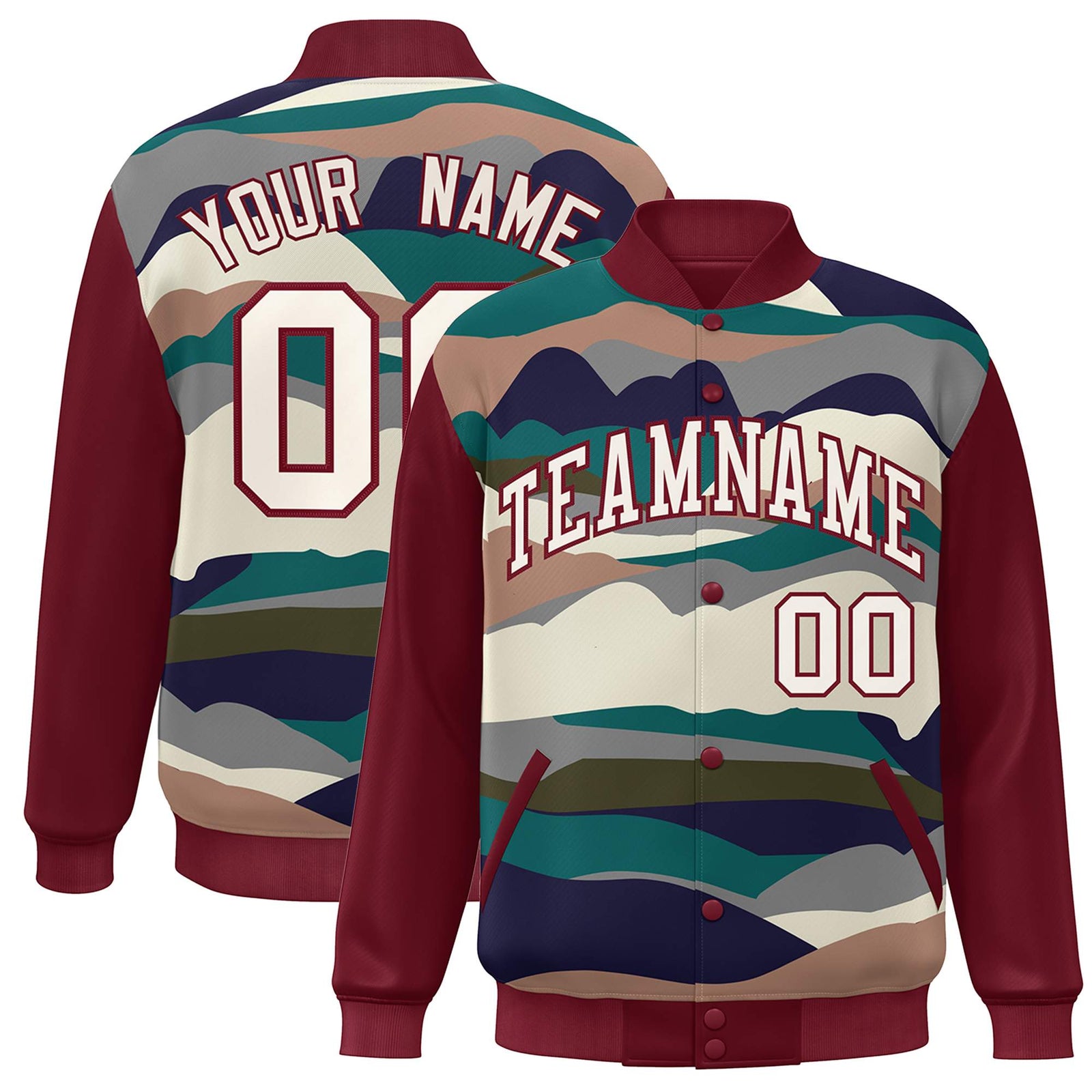 Custom Crimson Cream Multi Clouds Graffiti Pattern Varsity Full-Snap Jacket