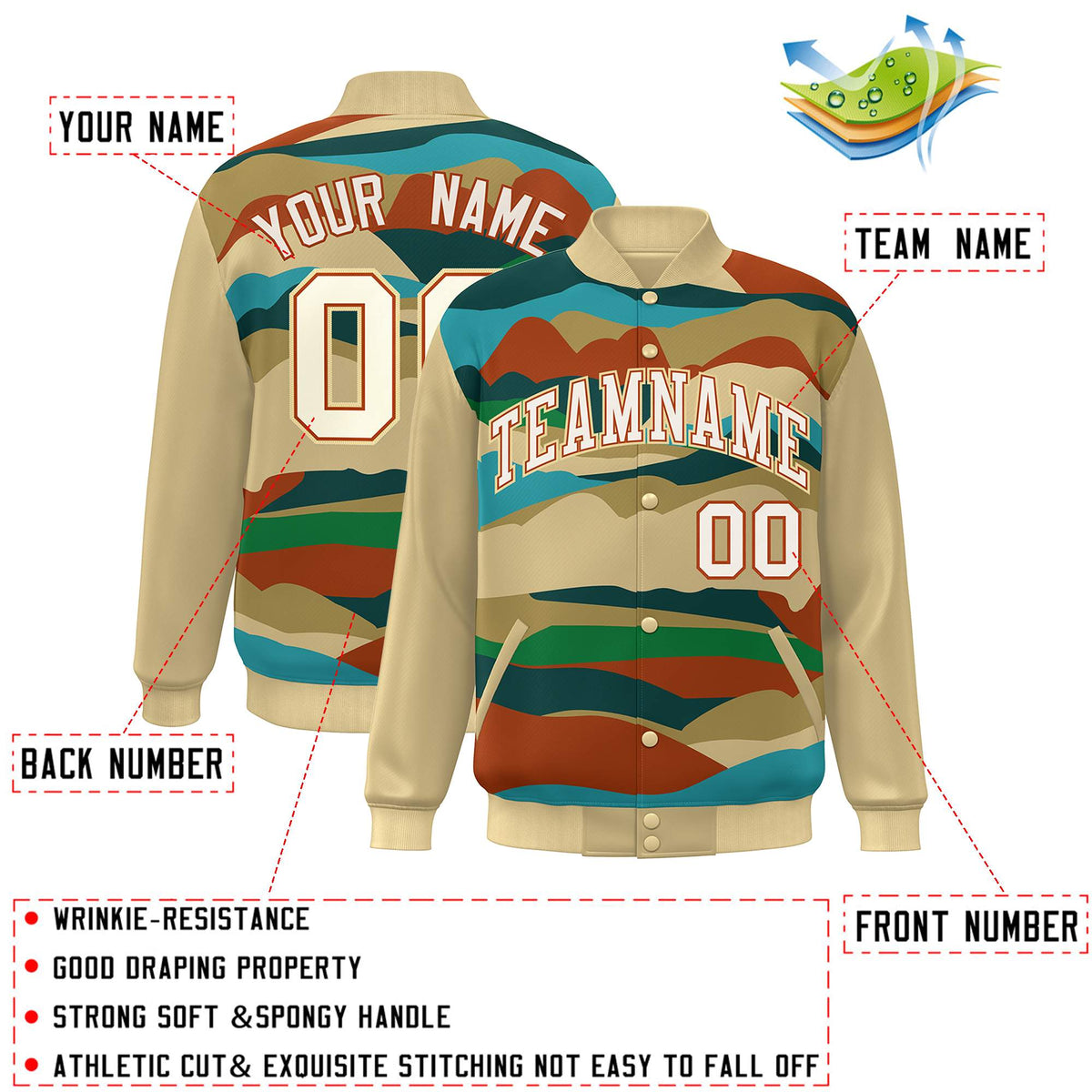 Custom Khaki Cream-Orange Multi Clouds Graffiti Pattern Varsity Full-Snap Jacket