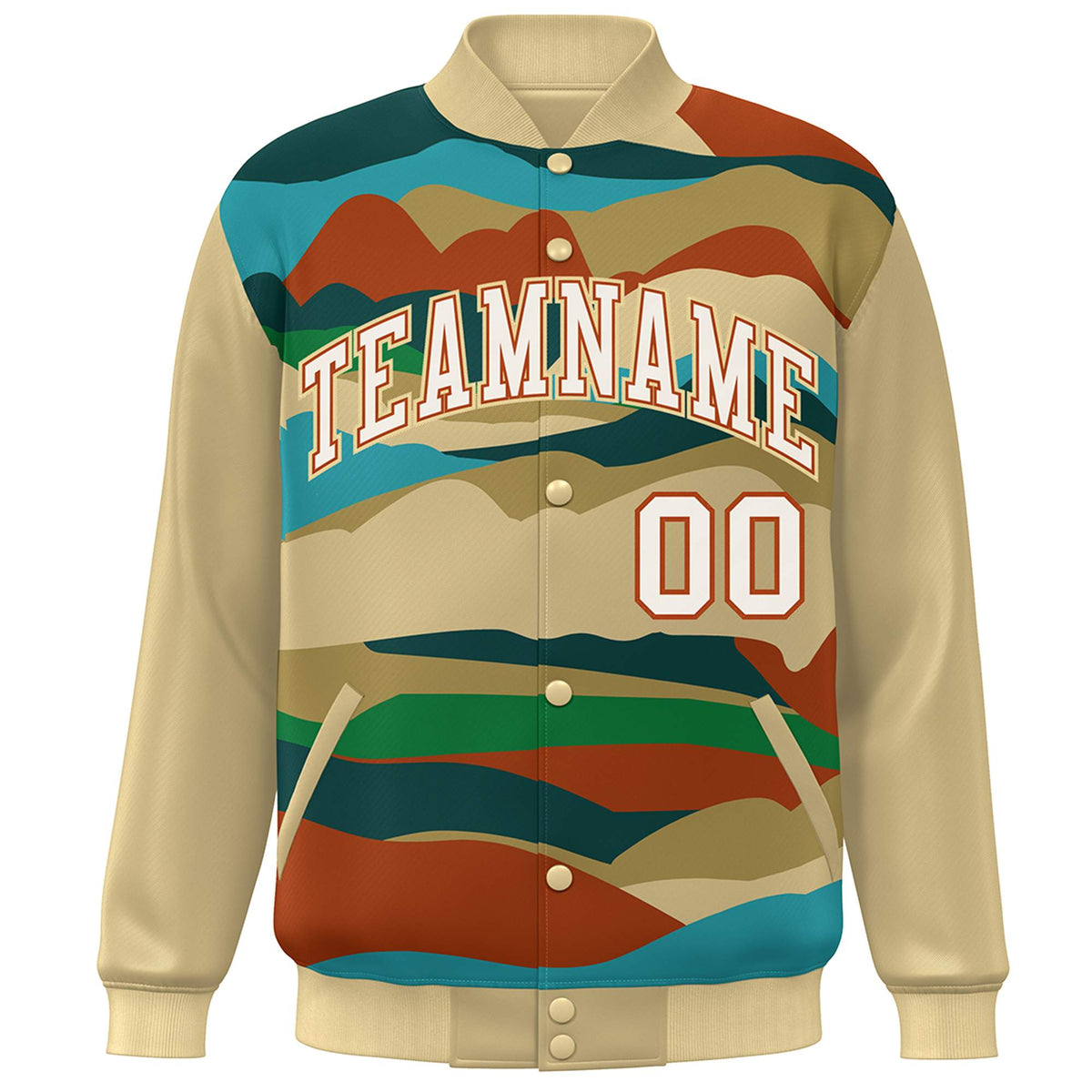 Custom Khaki Cream-Orange Multi Clouds Graffiti Pattern Varsity Full-Snap Jacket