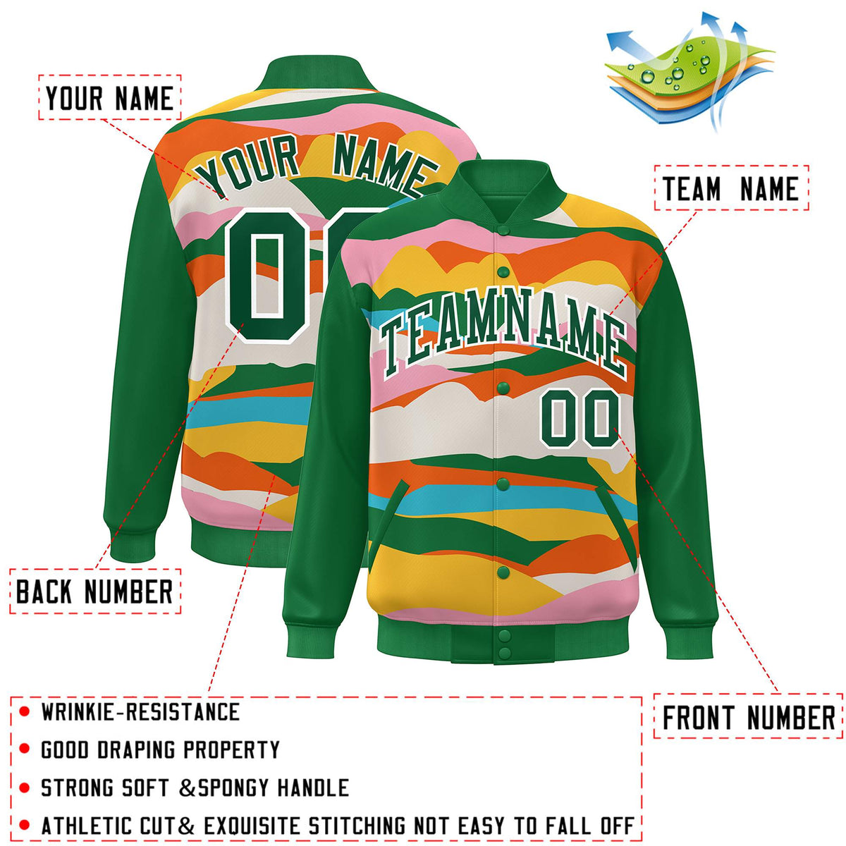 Custom Kelly Green White Multi Clouds Graffiti Pattern Varsity Full-Snap Jacket
