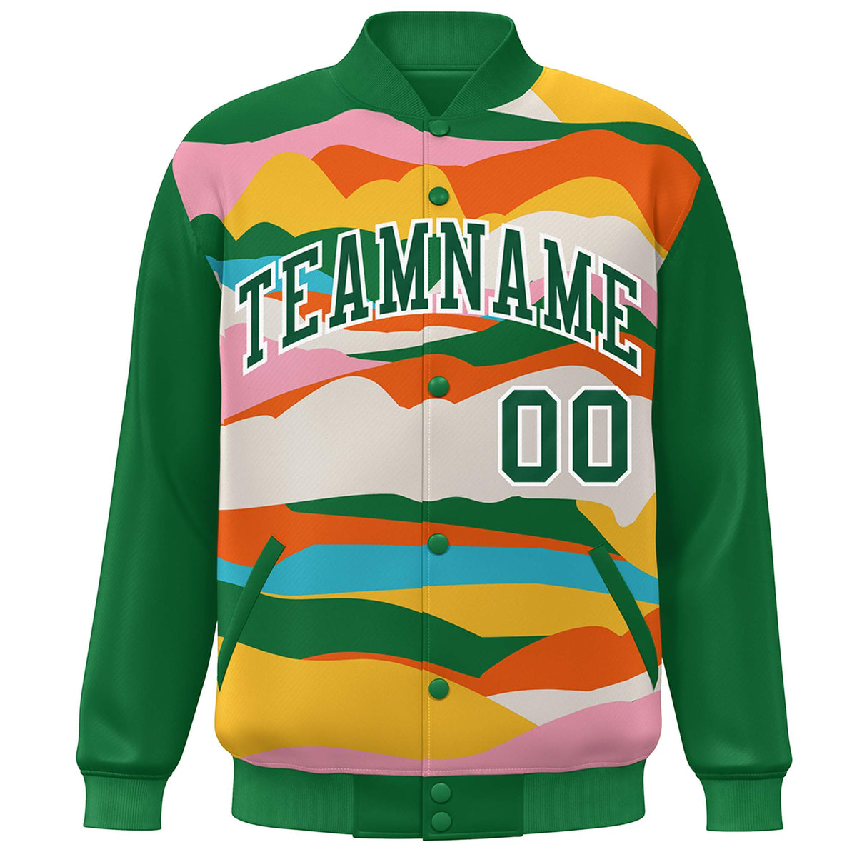 Custom Kelly Green White Multi Clouds Graffiti Pattern Varsity Full-Snap Jacket