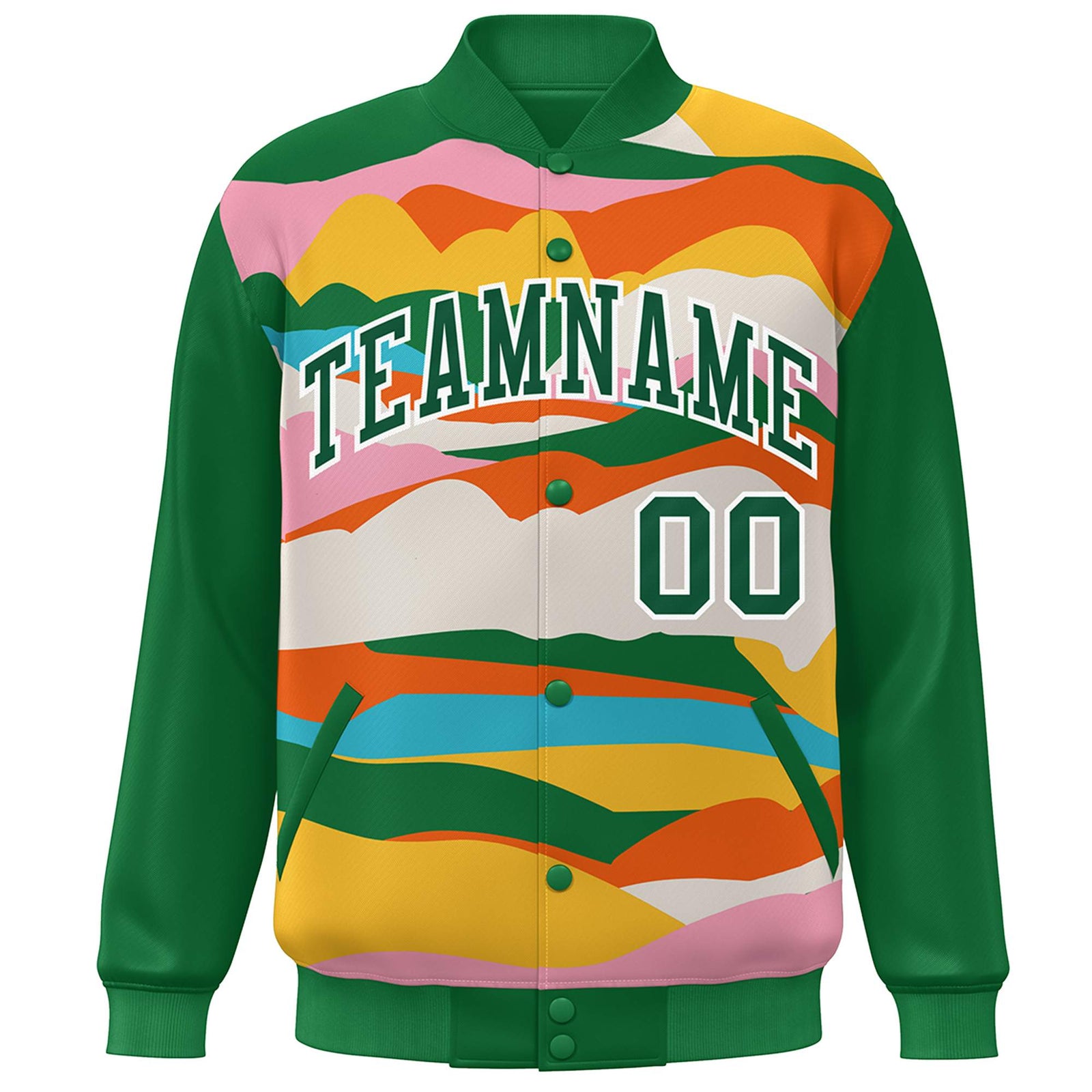 Custom Kelly Green White Multi Clouds Graffiti Pattern Varsity Full-Snap Jacket
