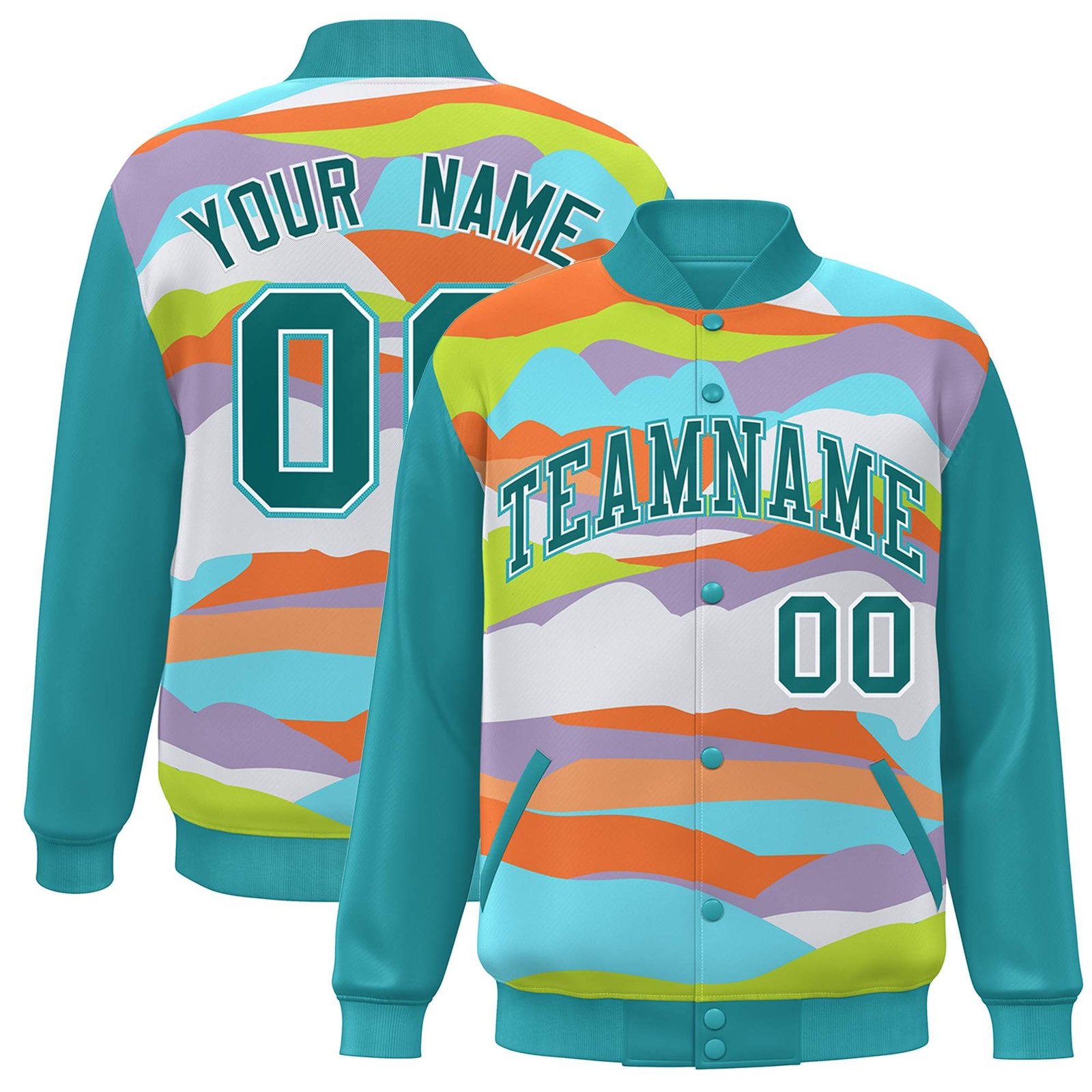 Custom Aqua White Multi Clouds Graffiti Pattern Varsity Full-Snap Jacket