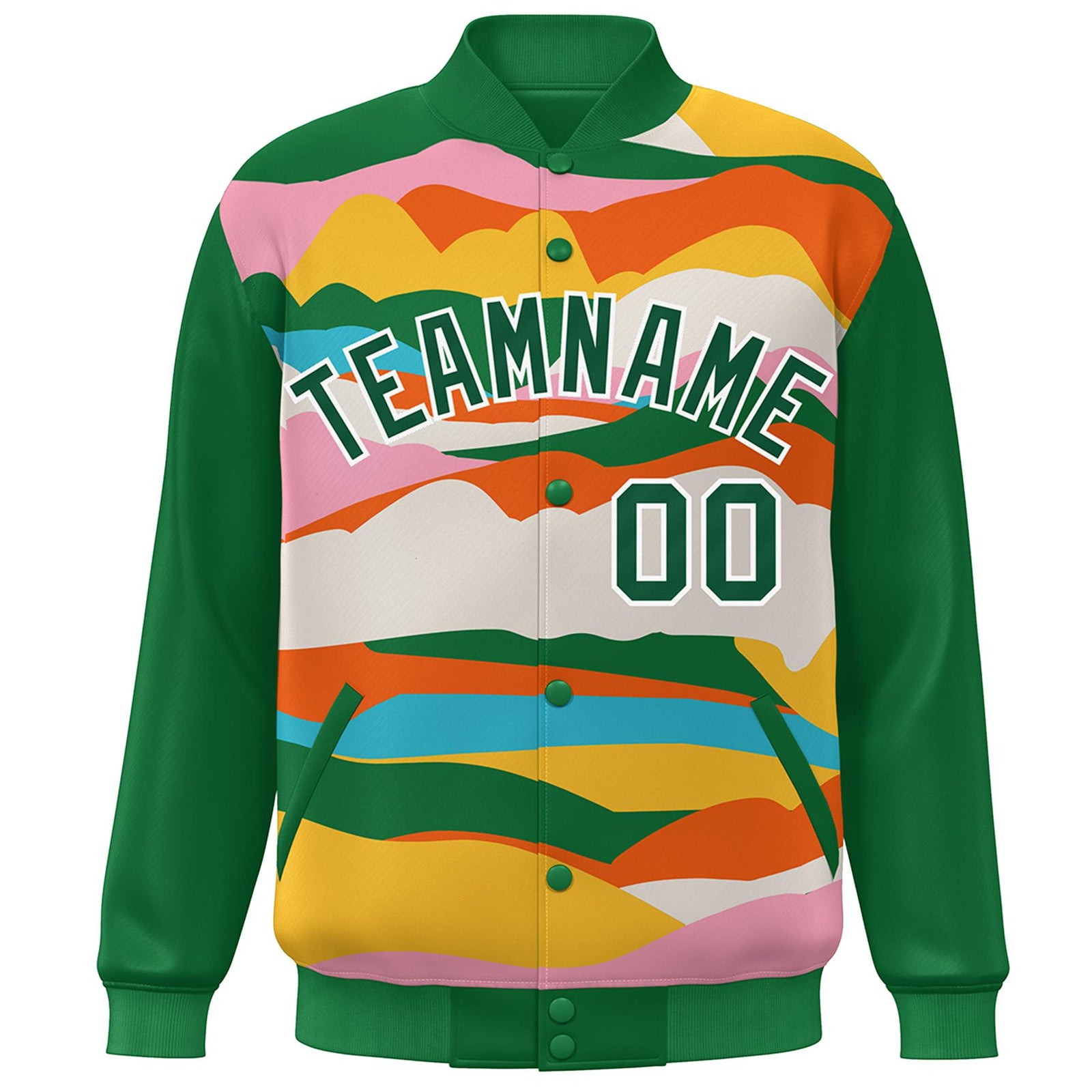 Custom Kelly Green White Multi Clouds Graffiti Pattern Varsity Full-Snap Jacket