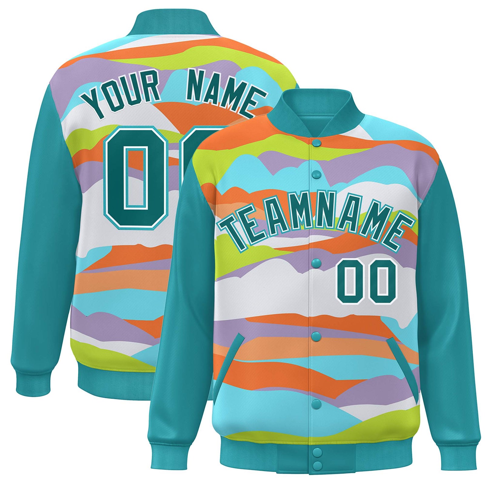 Custom Aqua White Multi Clouds Graffiti Pattern Varsity Full-Snap Jacket
