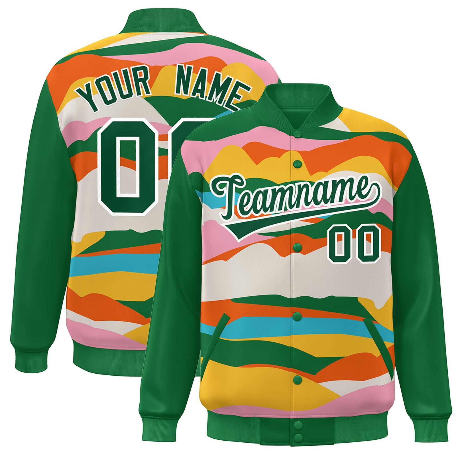 Custom Kelly Green White Multi Clouds Graffiti Pattern Varsity Full-Snap Jacket