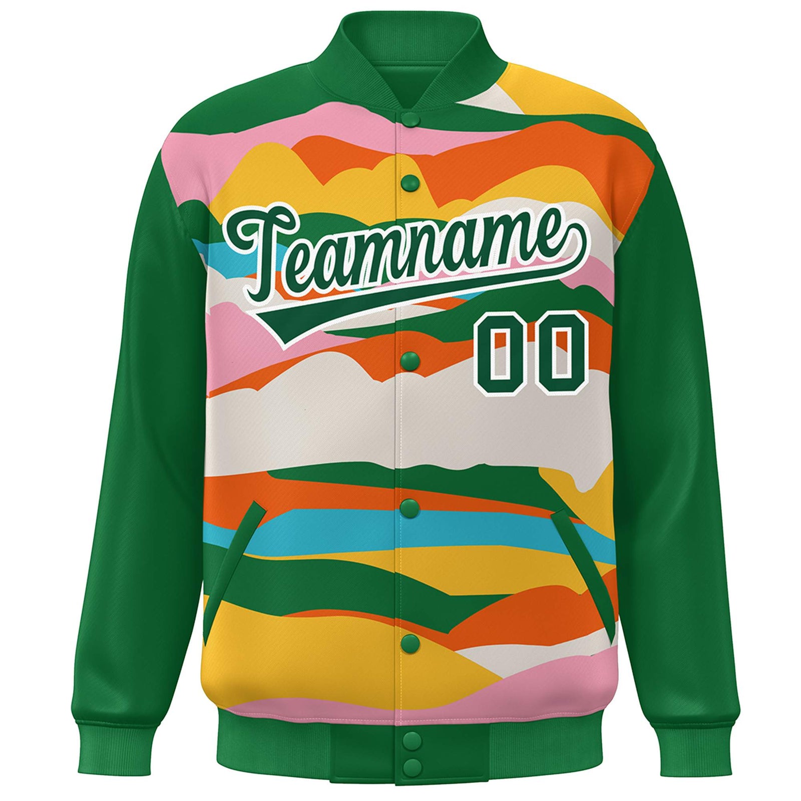 Custom Kelly Green White Multi Clouds Graffiti Pattern Varsity Full-Snap Jacket