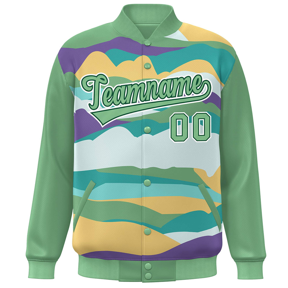Custom Green White Multi Clouds Graffiti Pattern Varsity Full-Snap Jacket
