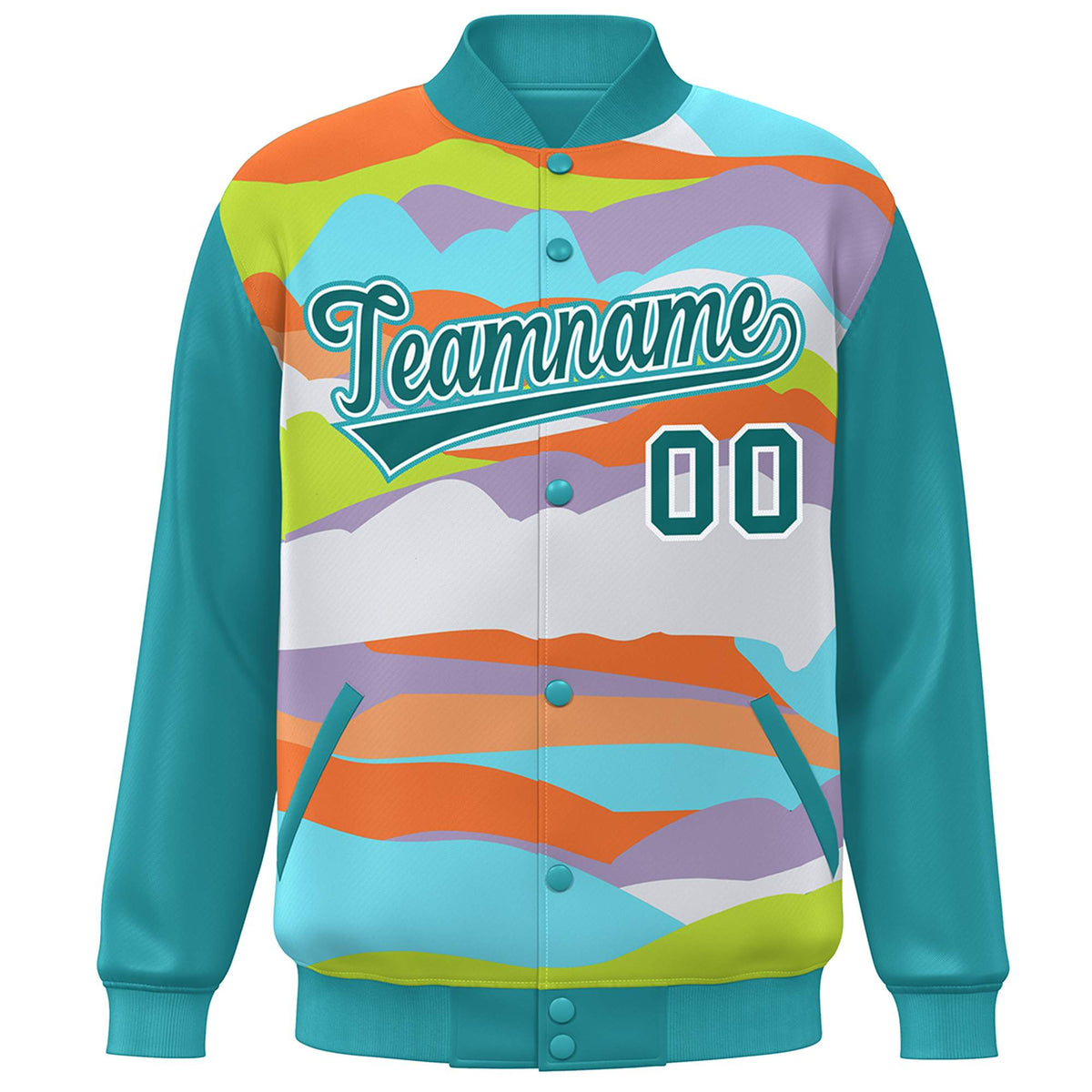 Custom Aqua White Multi Clouds Graffiti Pattern Varsity Full-Snap Jacket