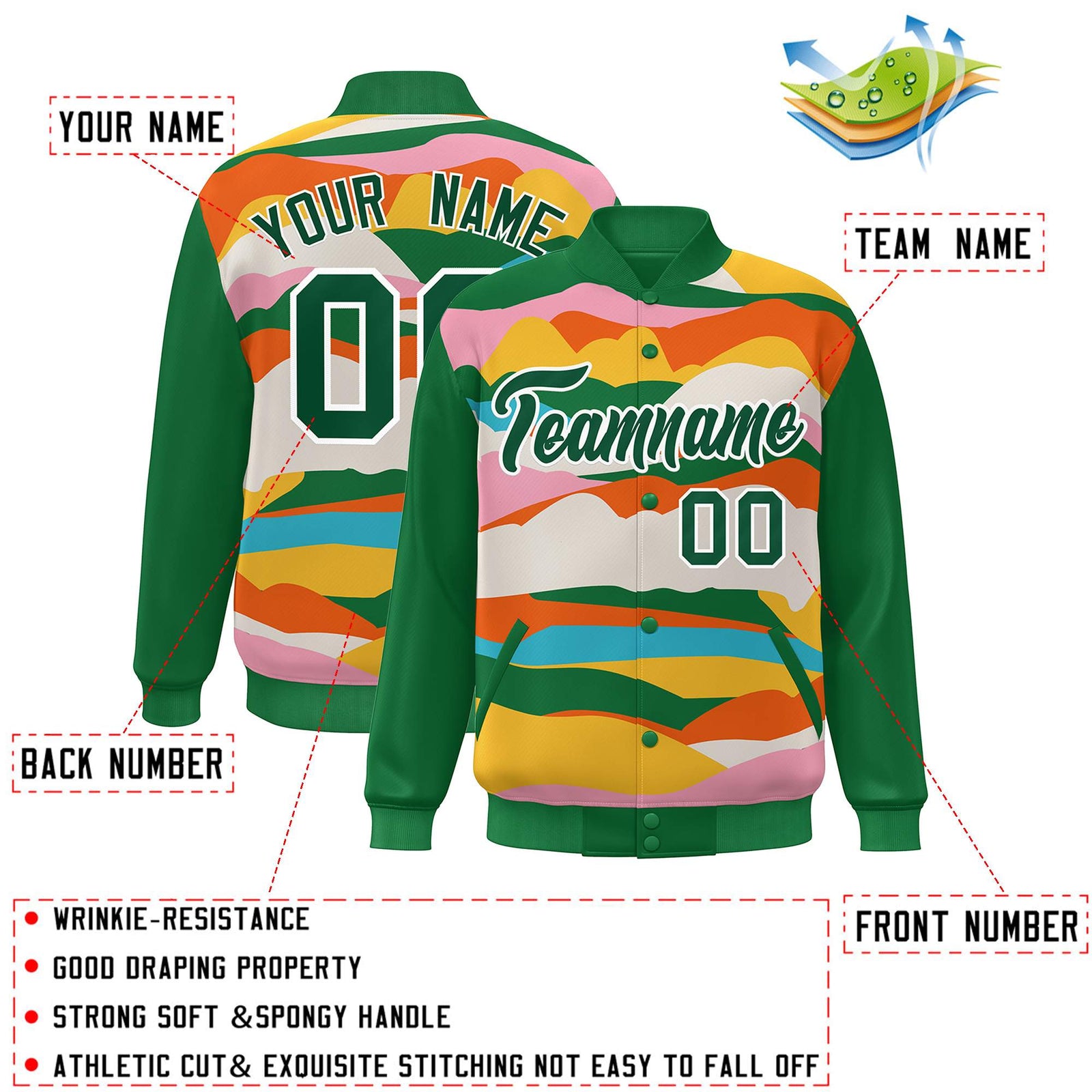 Custom Kelly Green White Multi Clouds Graffiti Pattern Varsity Full-Snap Jacket