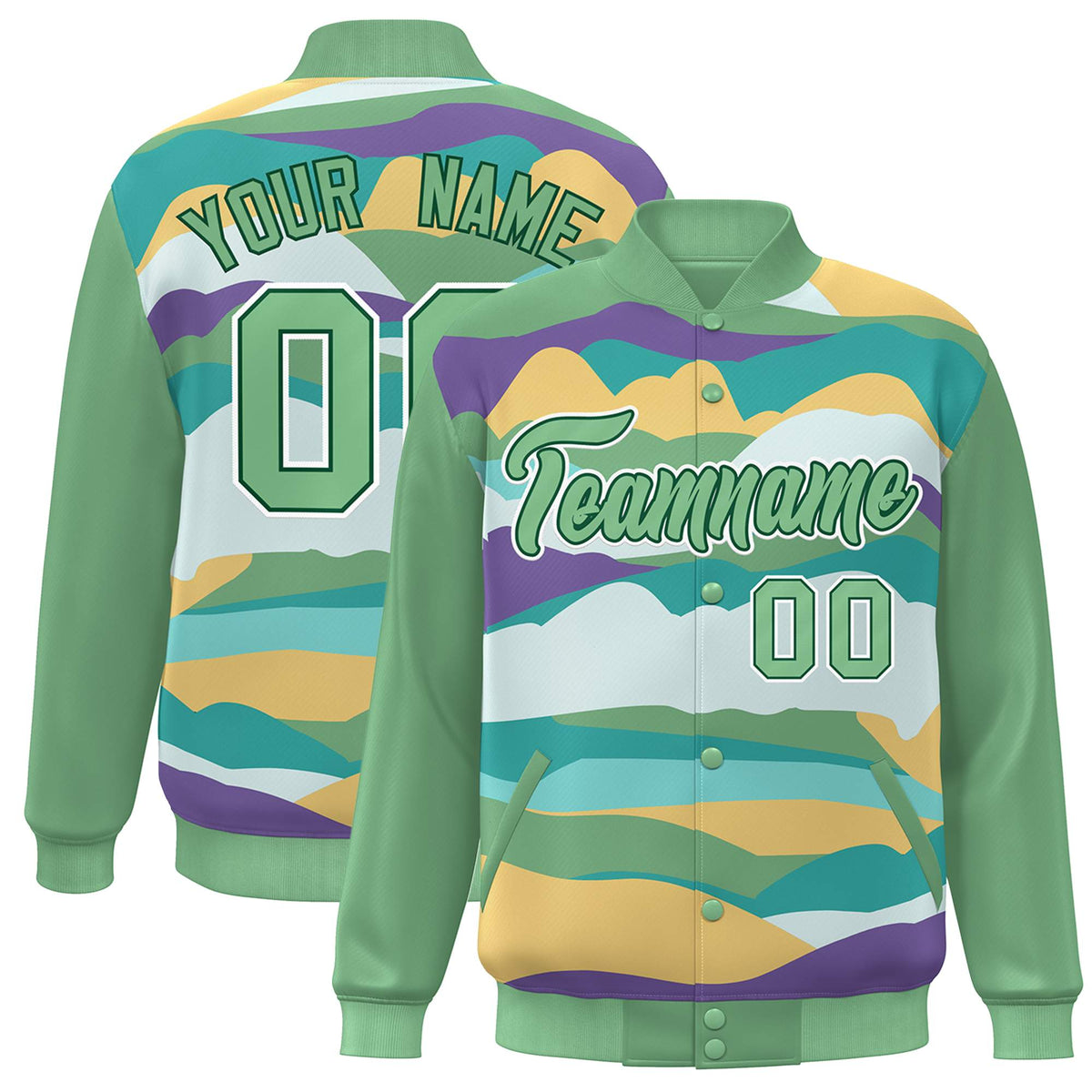 Custom Green White Multi Clouds Graffiti Pattern Varsity Full-Snap Jacket