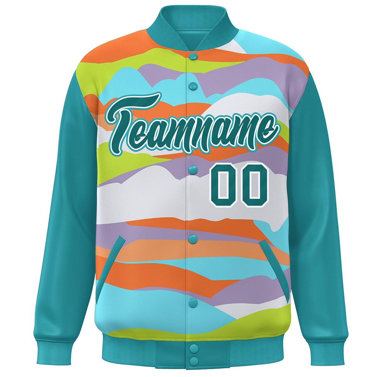 Custom Aqua White Multi Clouds Graffiti Pattern Varsity Full-Snap Jacket