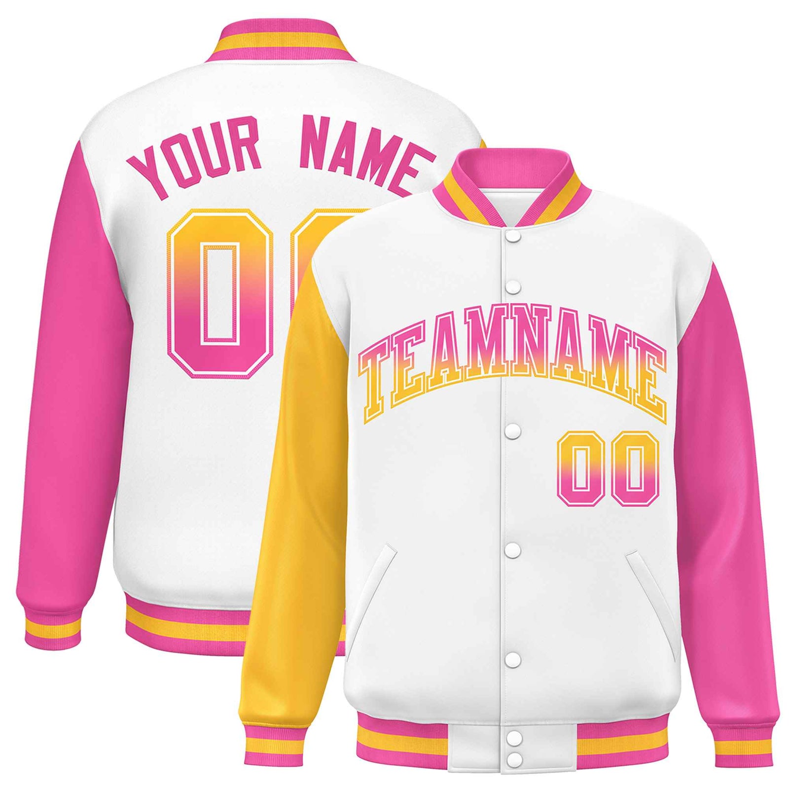 Custom White Gold-Pink Varsity Full-Snap Raglan Sleeves Letterman Baseball Jacket