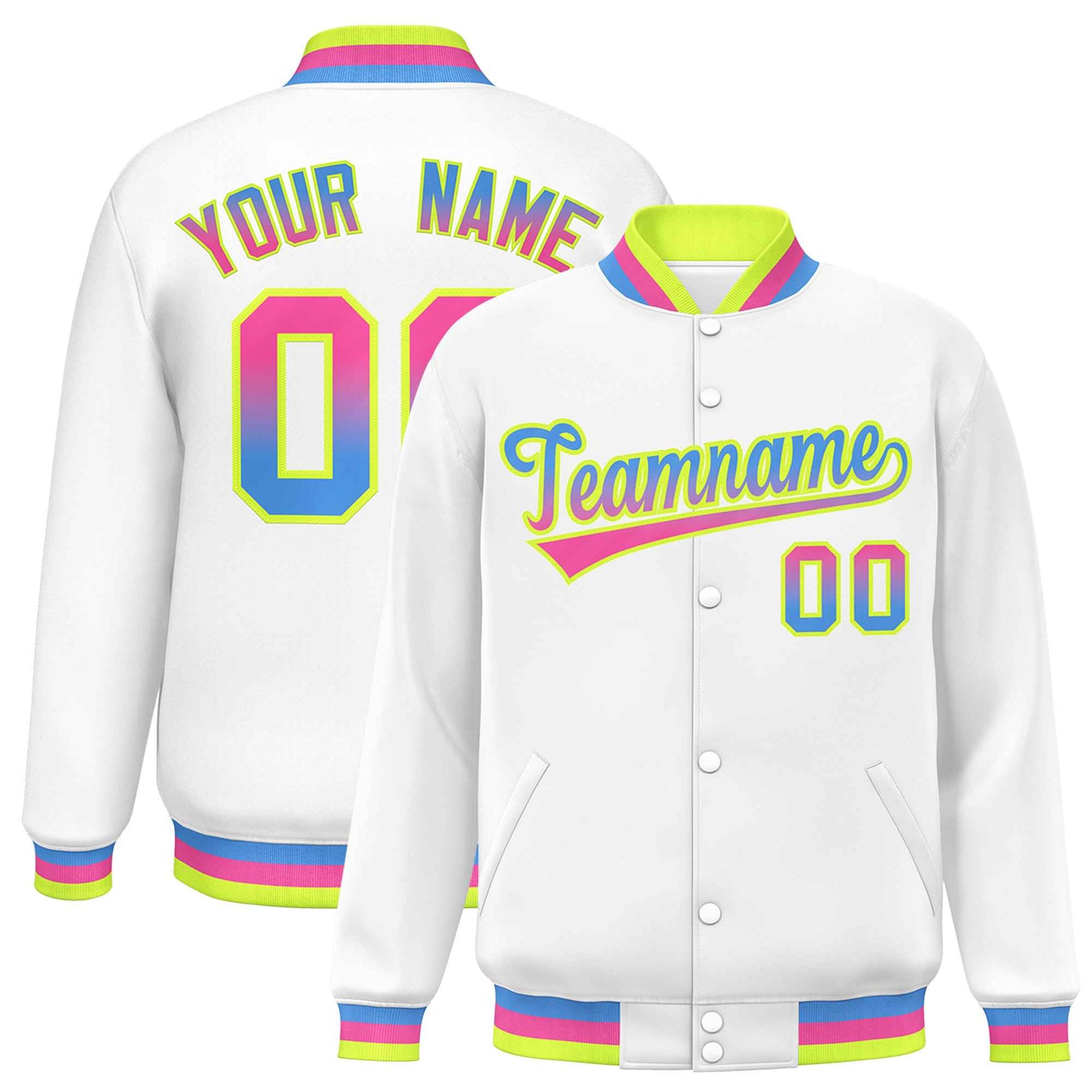 Custom White Varsity Full-Snap Gradient Font Letterman Baseball Jacket