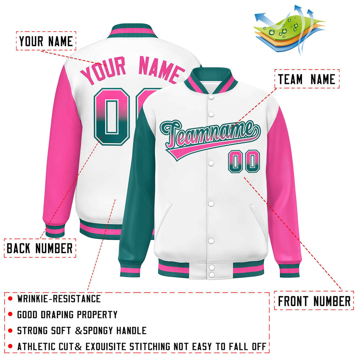 Custom White Aqua-Pink Varsity Full-Snap Raglan Sleeves Letterman Baseball Jacket