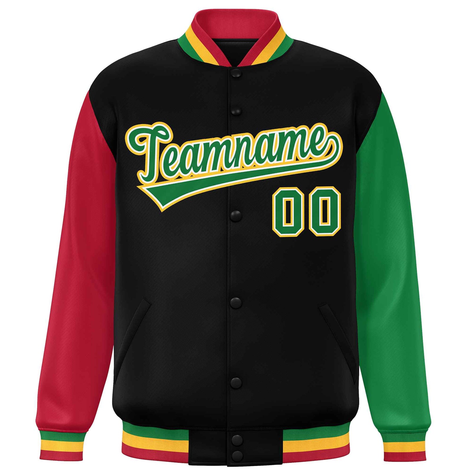 Custom Black Red-Kelly Green Varsity Full-Snap Raglan Sleeves Letterman Baseball Jacket