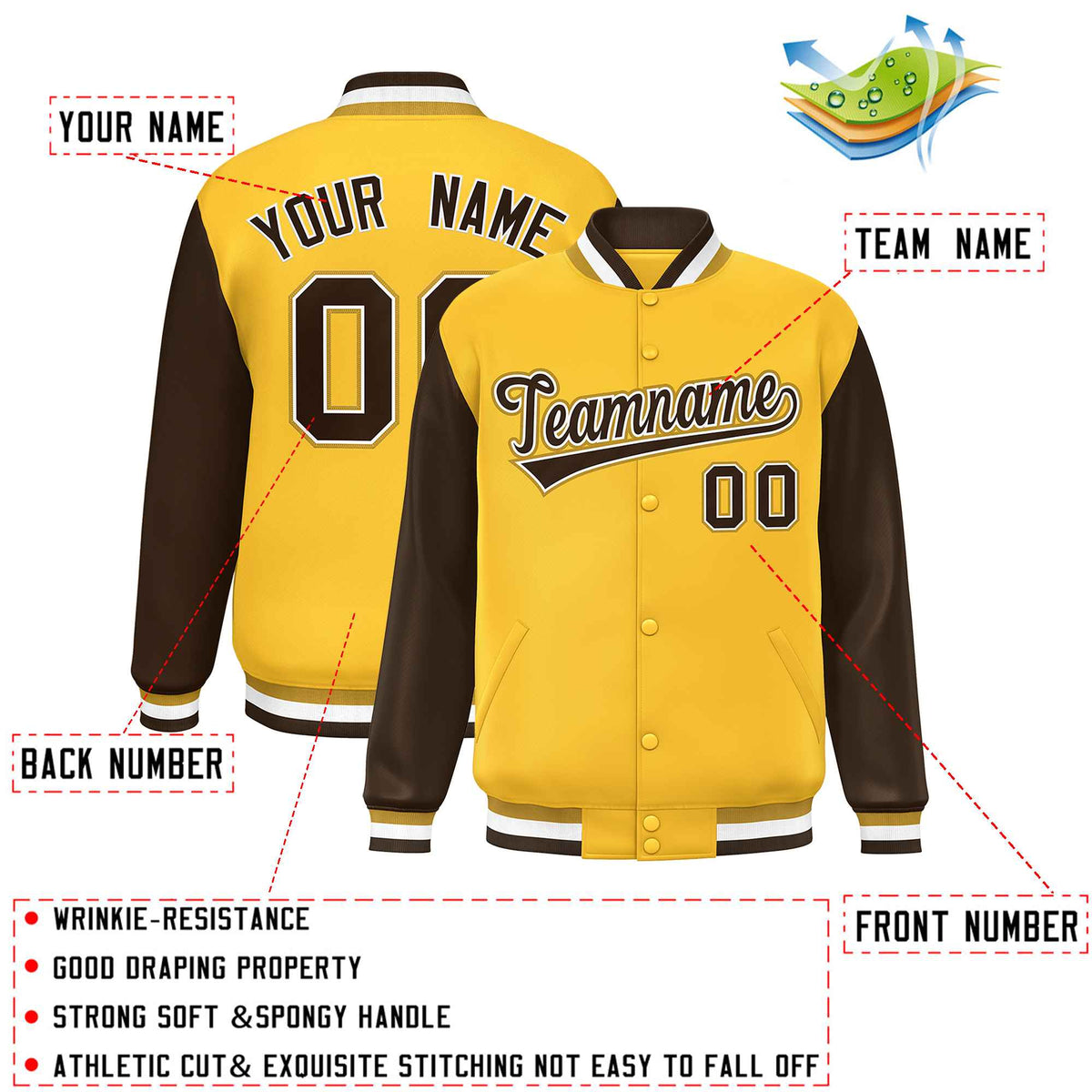 Custom Gold Brown Varsity Full-Snap Raglan Sleeves Letterman Baseball Jacket