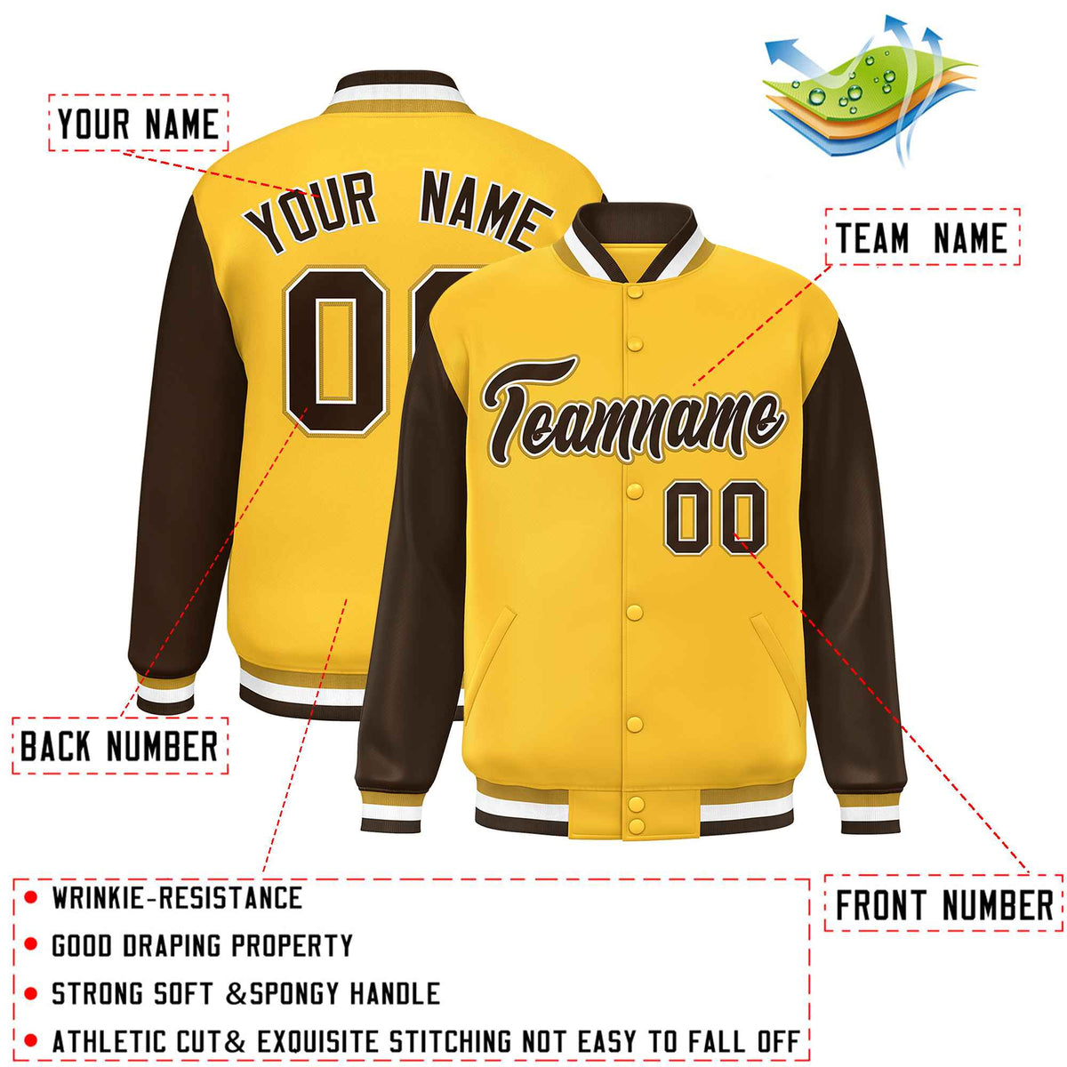 Custom Gold Brown Varsity Full-Snap Raglan Sleeves Letterman Baseball Jacket
