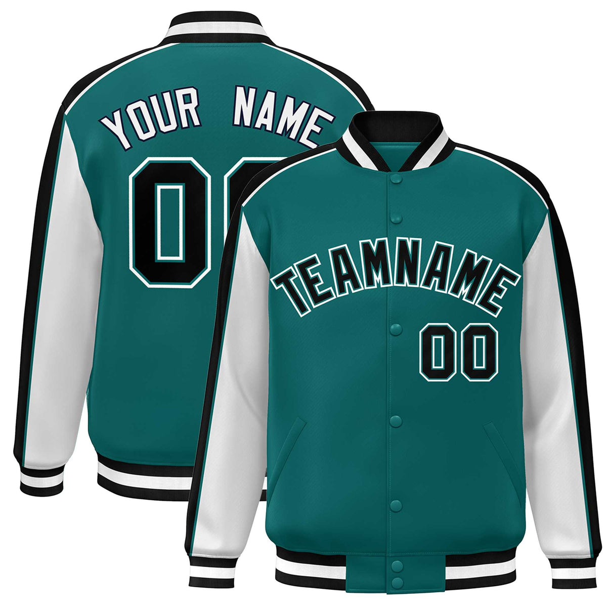 Custom Aqua White-Black Color Block Bomber Varsity Full-Snap Baseball Jacket