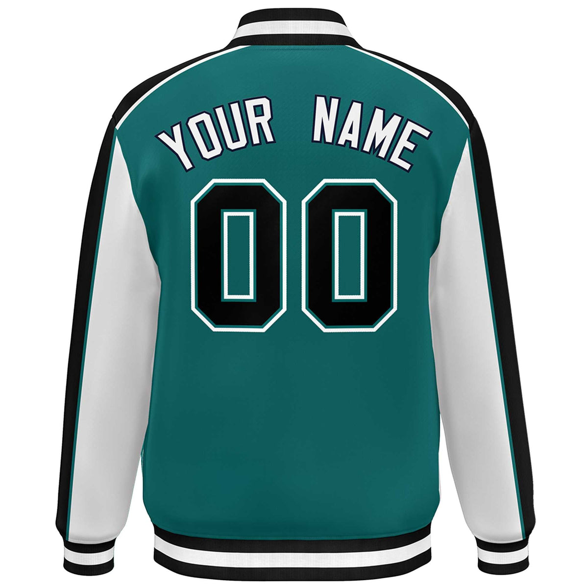 Custom Aqua White-Black Color Block Bomber Varsity Full-Snap Baseball Jacket