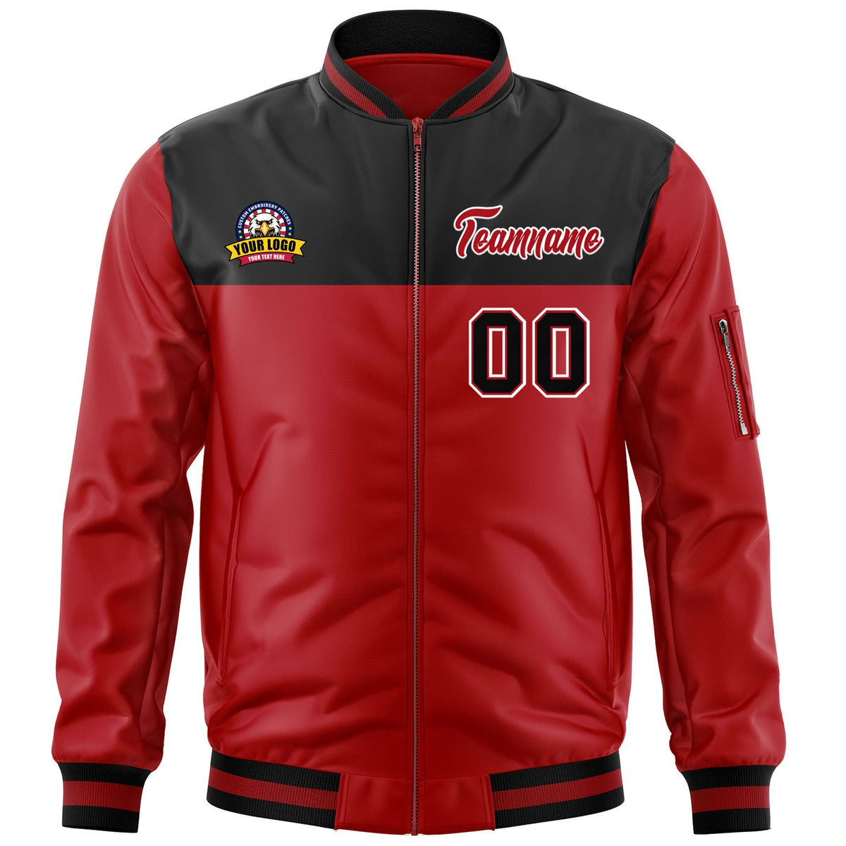 Custom Black Red Varsity Full-Zip Color Block Letterman Bomber Jacket
