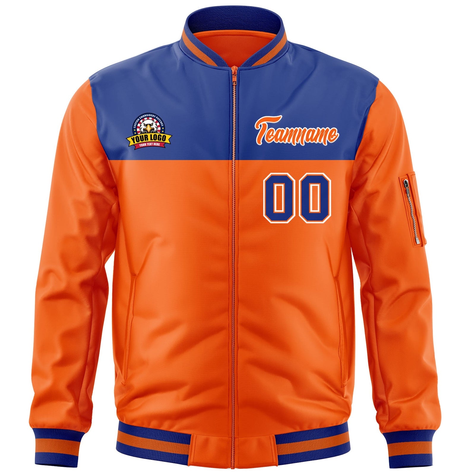 Custom Royal Orange Varsity Full-Zip Color Block Letterman Bomber Jacket