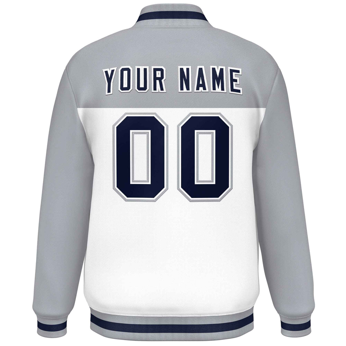 Custom Gray White-Navy Varsity Full-Snap Color Block Lettermen Baseball Jacket
