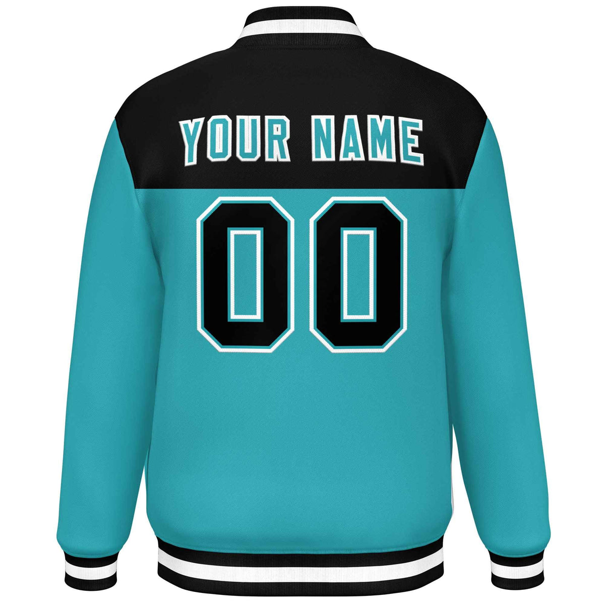 Custom Black Aqua-White Varsity Full-Snap Color Block Lettermen Baseball Jacket