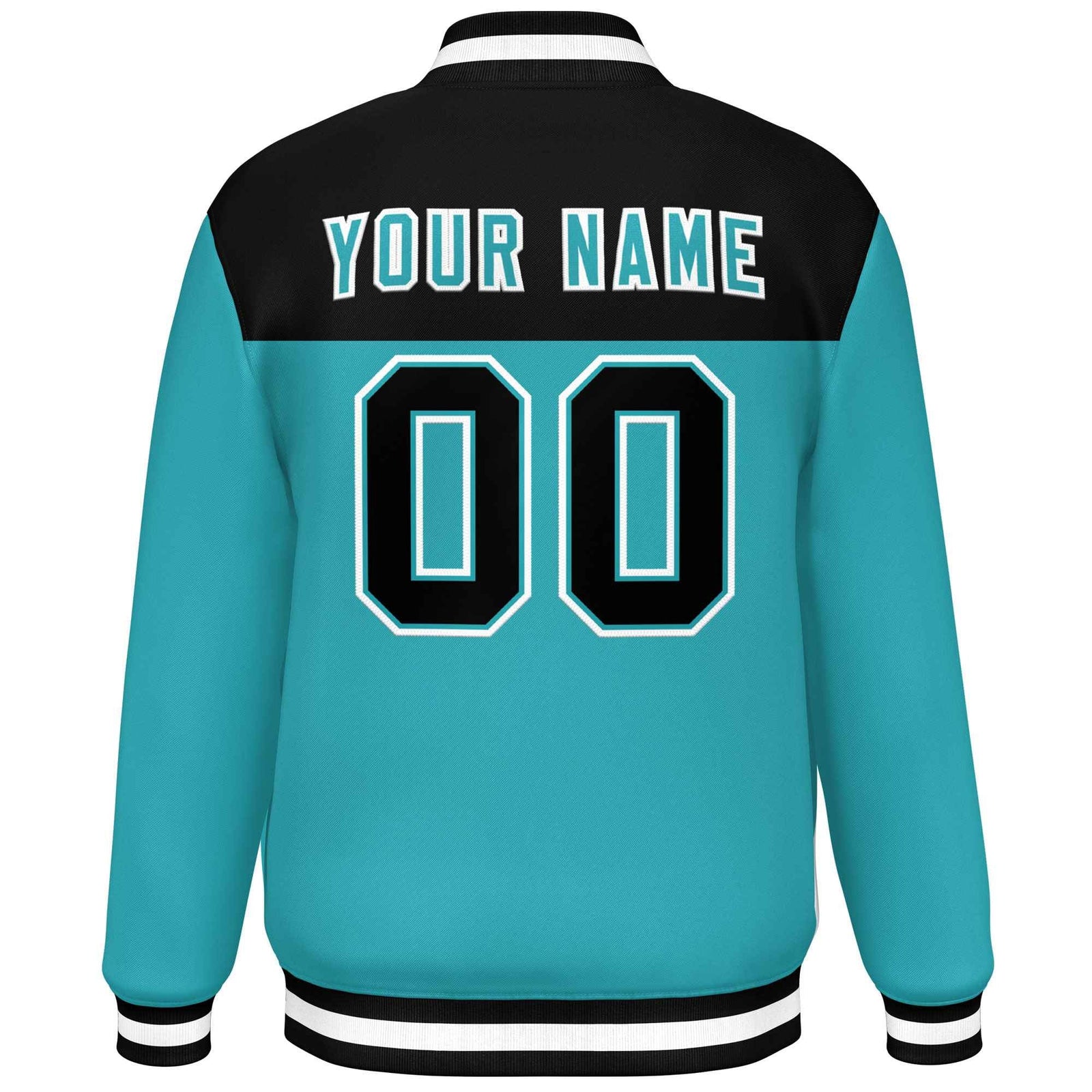 Custom Black Aqua-White Varsity Full-Snap Color Block Lettermen Baseball Jacket