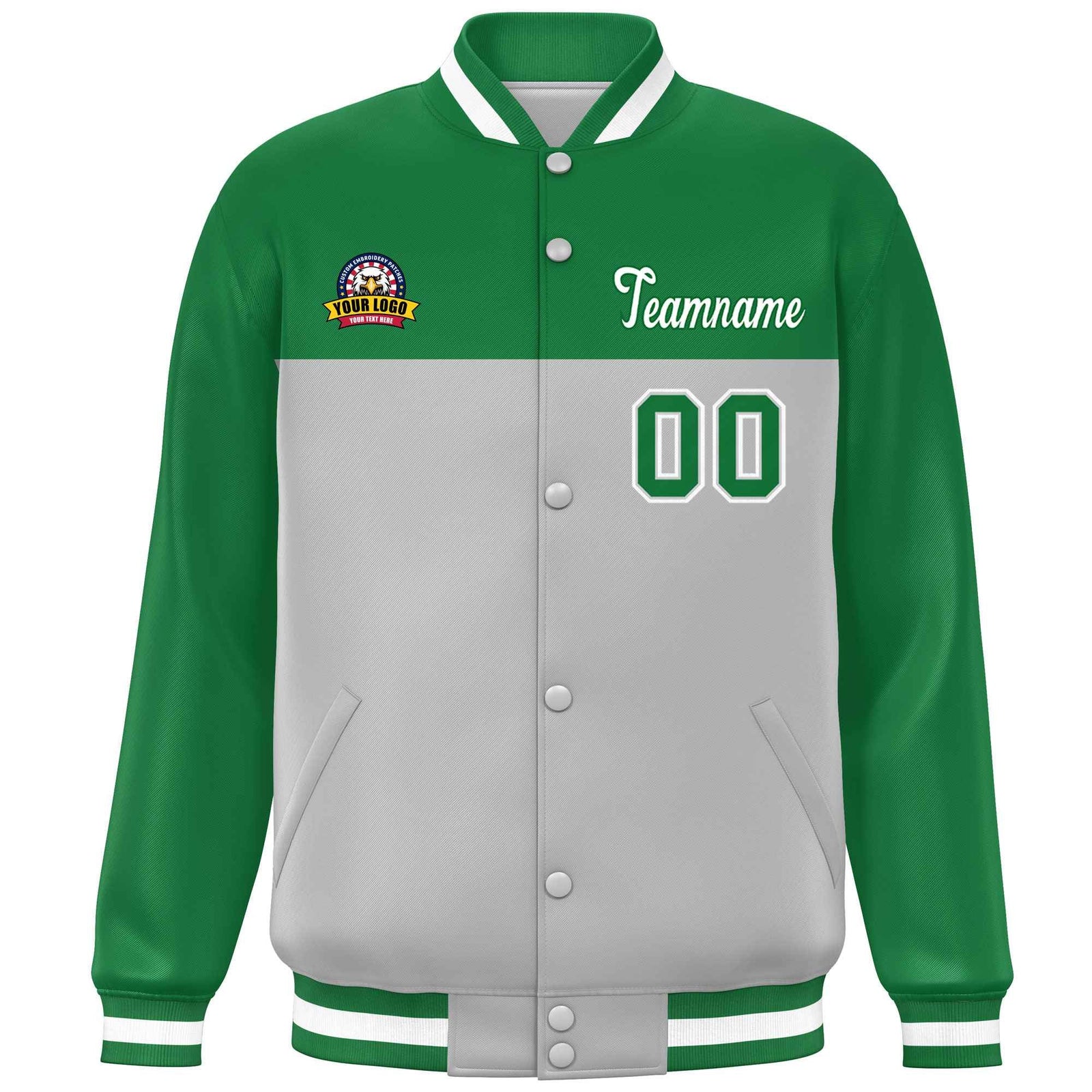 Custom Kelly Green Gray-White Varsity Full-Snap Color Block Lettermen Baseball Jacket