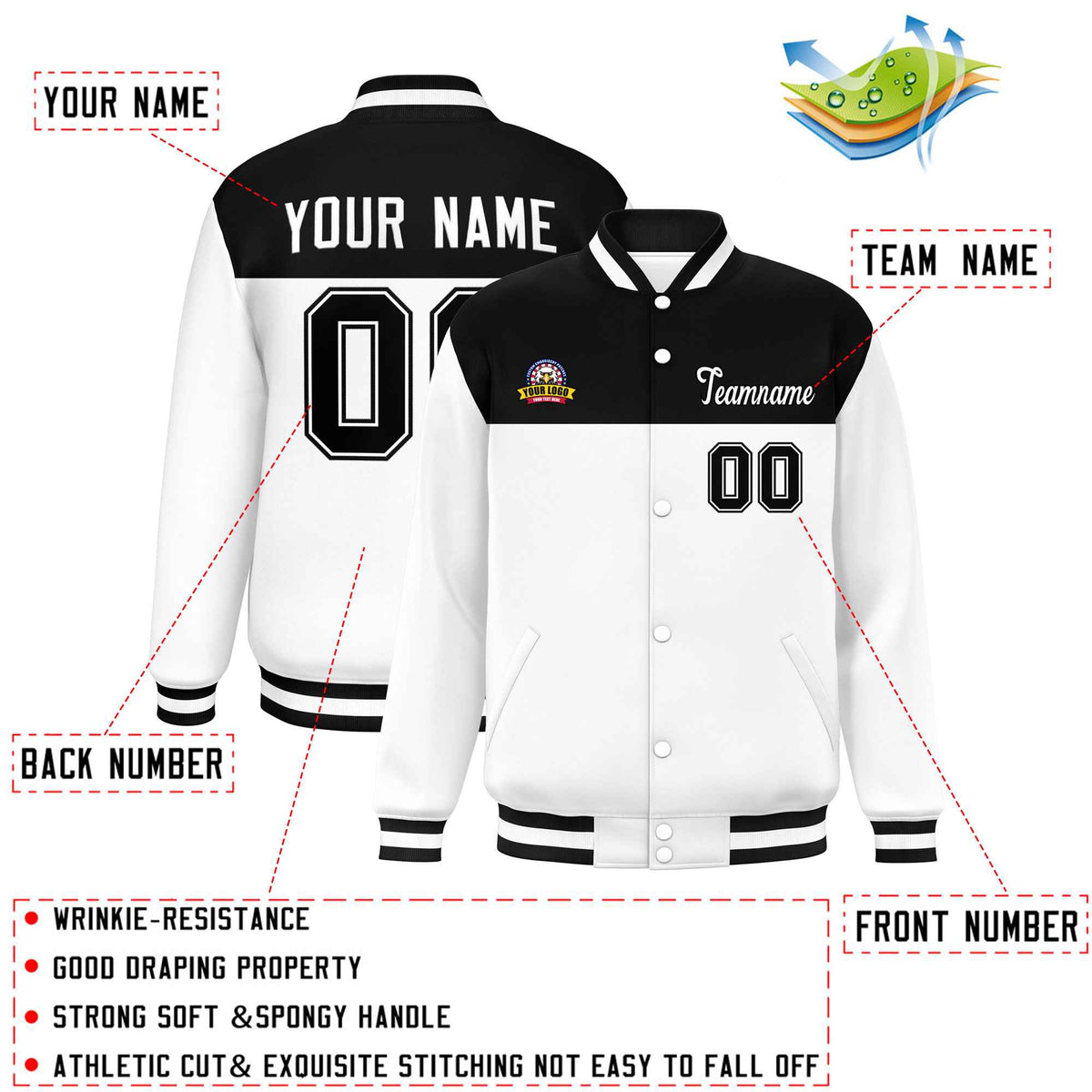 Custom Black White Varsity Full-Snap Color Block Lettermen Baseball Jacket