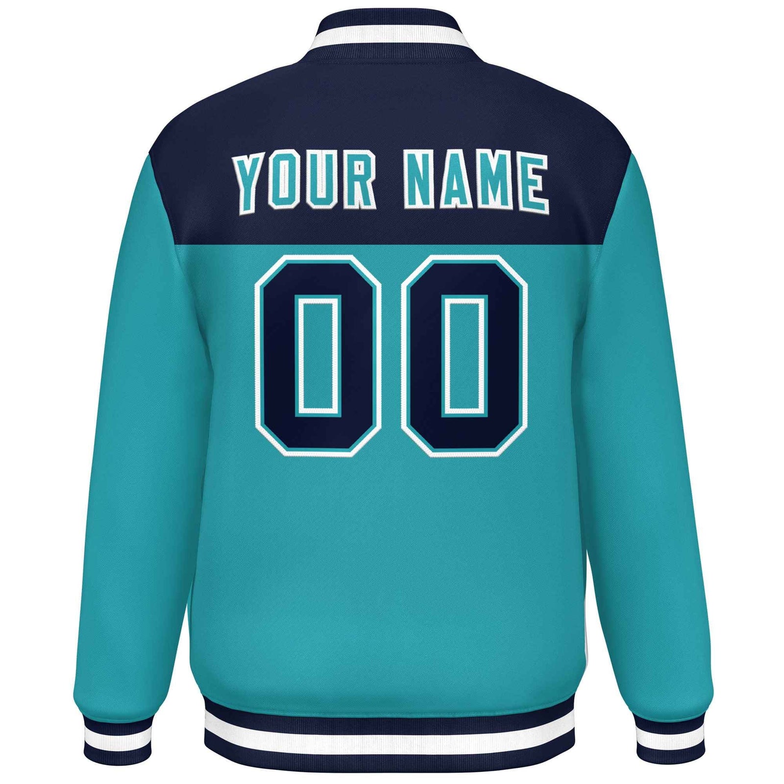 Custom Navy Aqua-White Varsity Full-Snap Color Block Lettermen Baseball Jacket