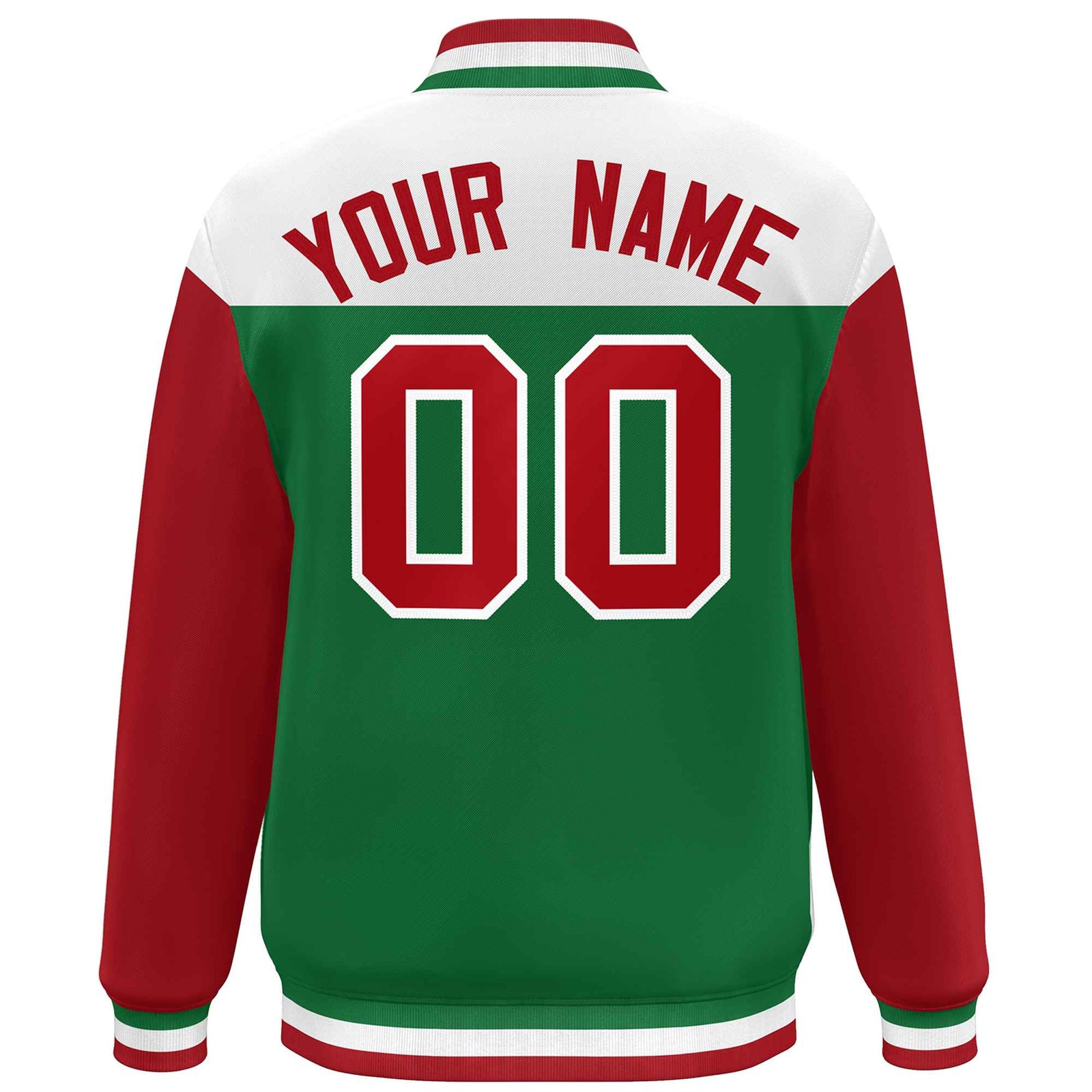 Custom White Kelly Green-Red Letterman Color Block Varsity Full-Snap Baseball Jacket