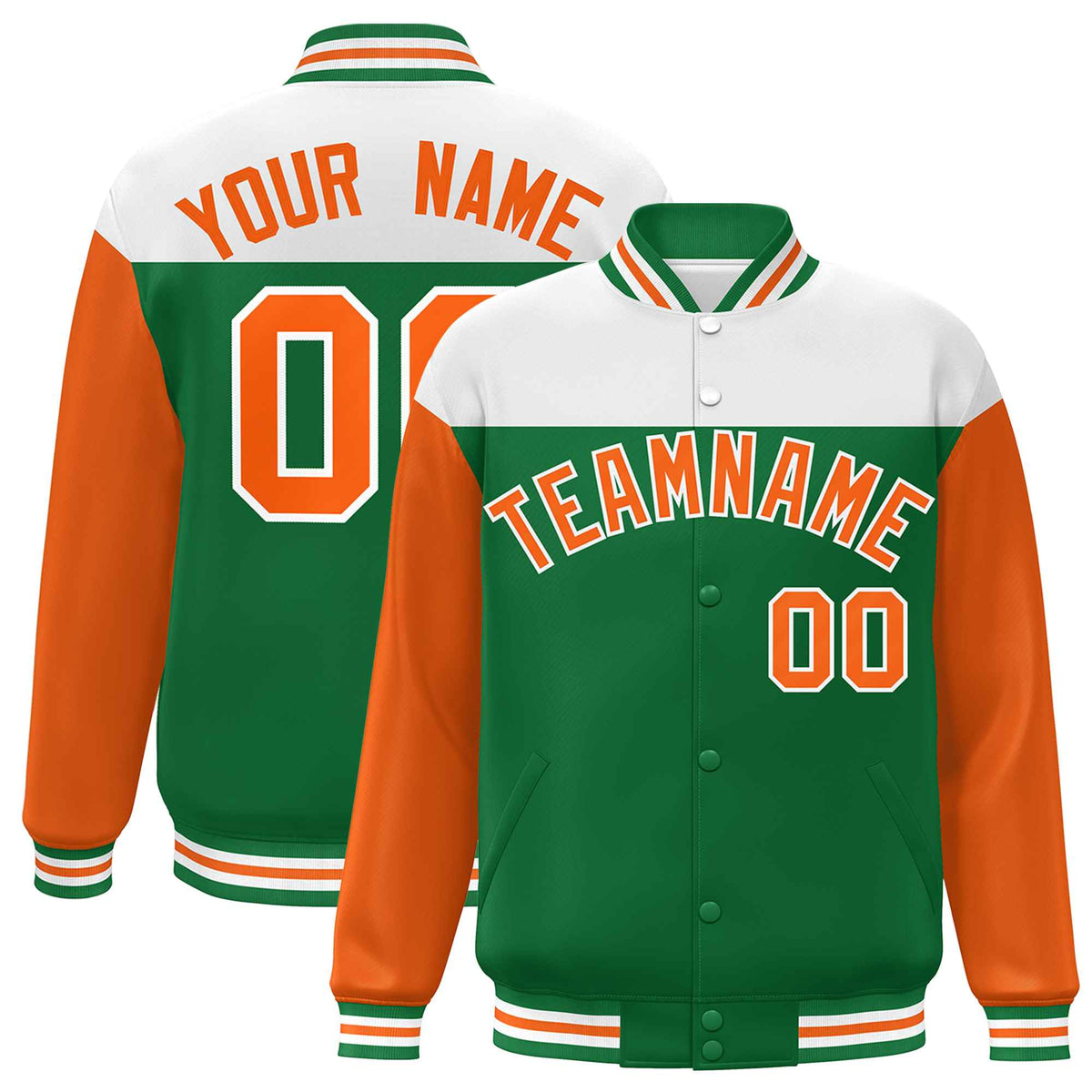 Custom White Kelly Green-Orange Letterman Color Block Varsity Full-Snap Baseball Jacket