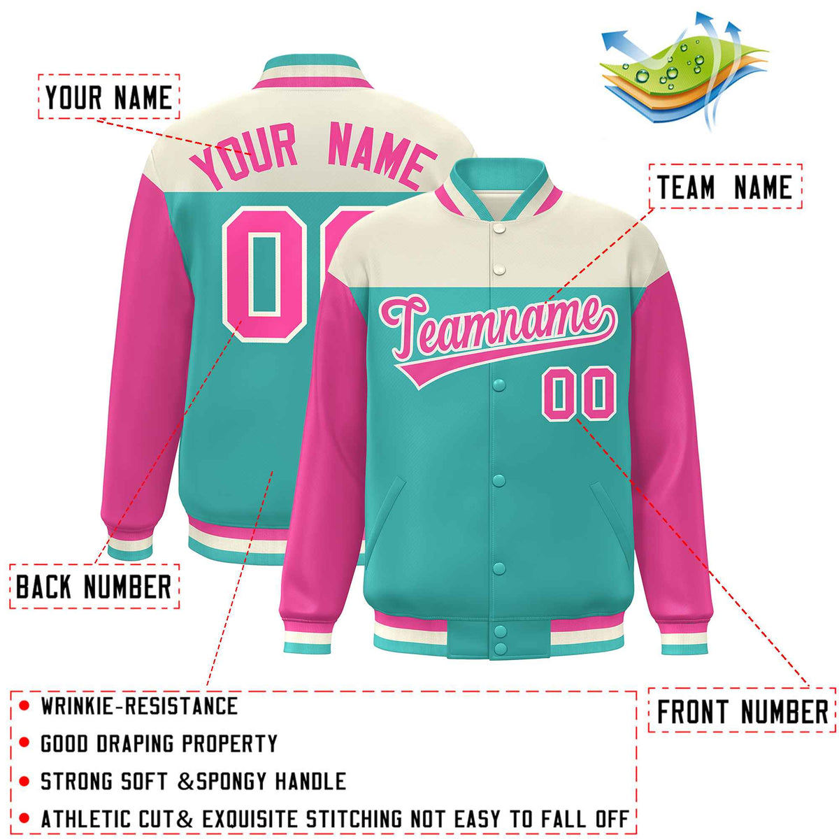 Custom Cream Aqua-Pink Letterman Color Block Varsity Full-Snap Baseball Jacket