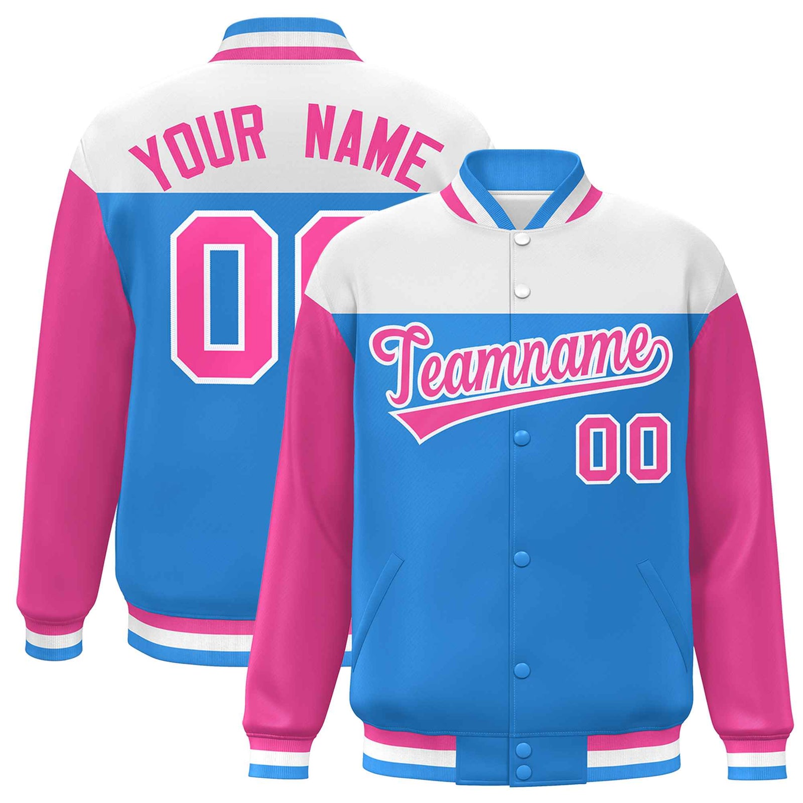 Custom White Powder Blue-Pink Letterman Color Block Varsity Full-Snap Baseball Jacket