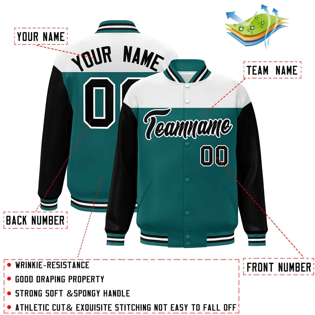Custom White Aqua-Black Letterman Color Block Varsity Full-Snap Baseball Jacket