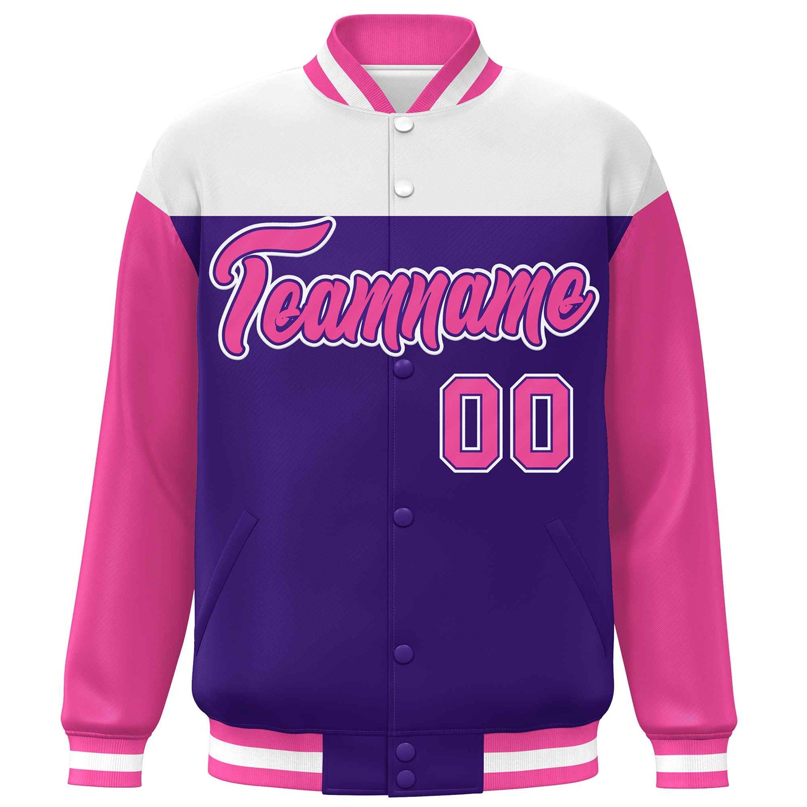Custom White Purple-Pink Letterman Color Block Varsity Full-Snap Baseball Jacket