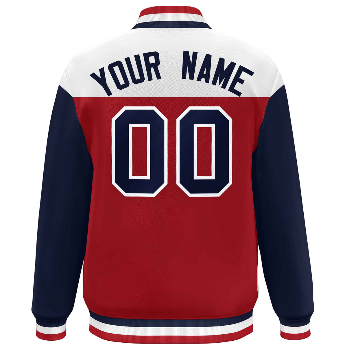 Custom White Red-Navy Letterman Color Block Varsity Full-Snap Baseball Jacket