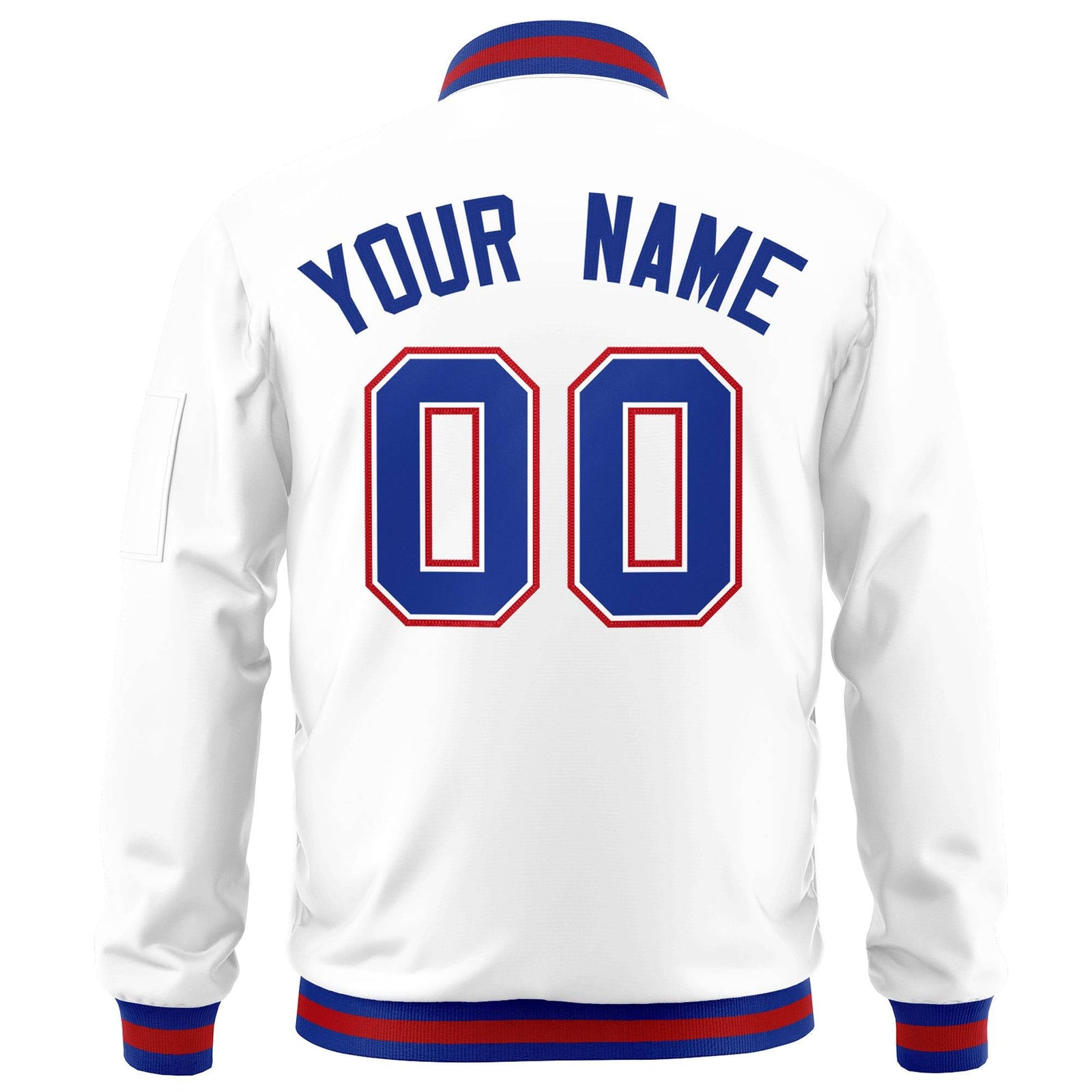 Custom White Royal-Red Varsity Full-Zip Letterman Bomber Jacket