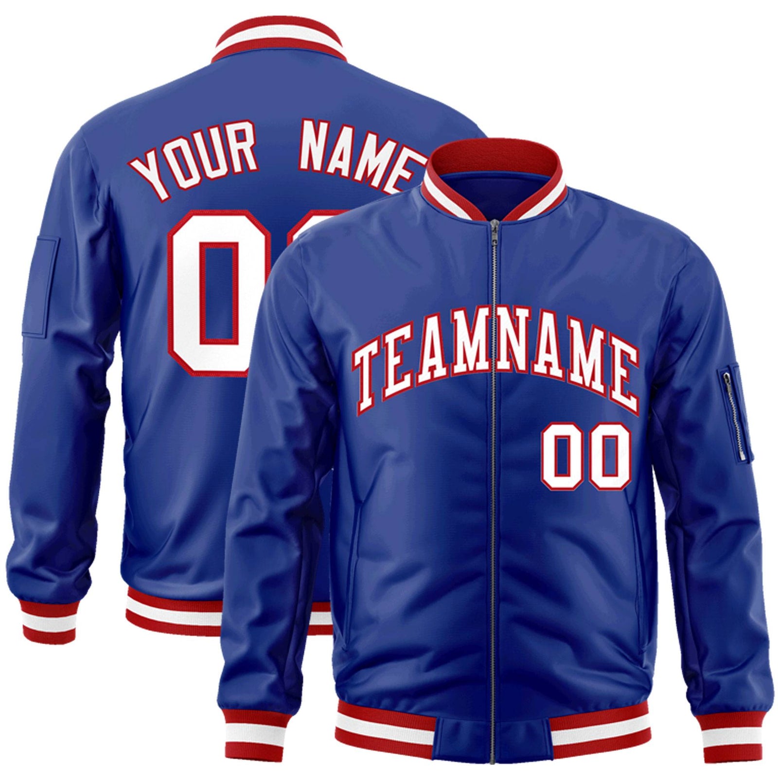 Custom Royal White-Red Varsity Full-Zip Letterman Bomber Jacket