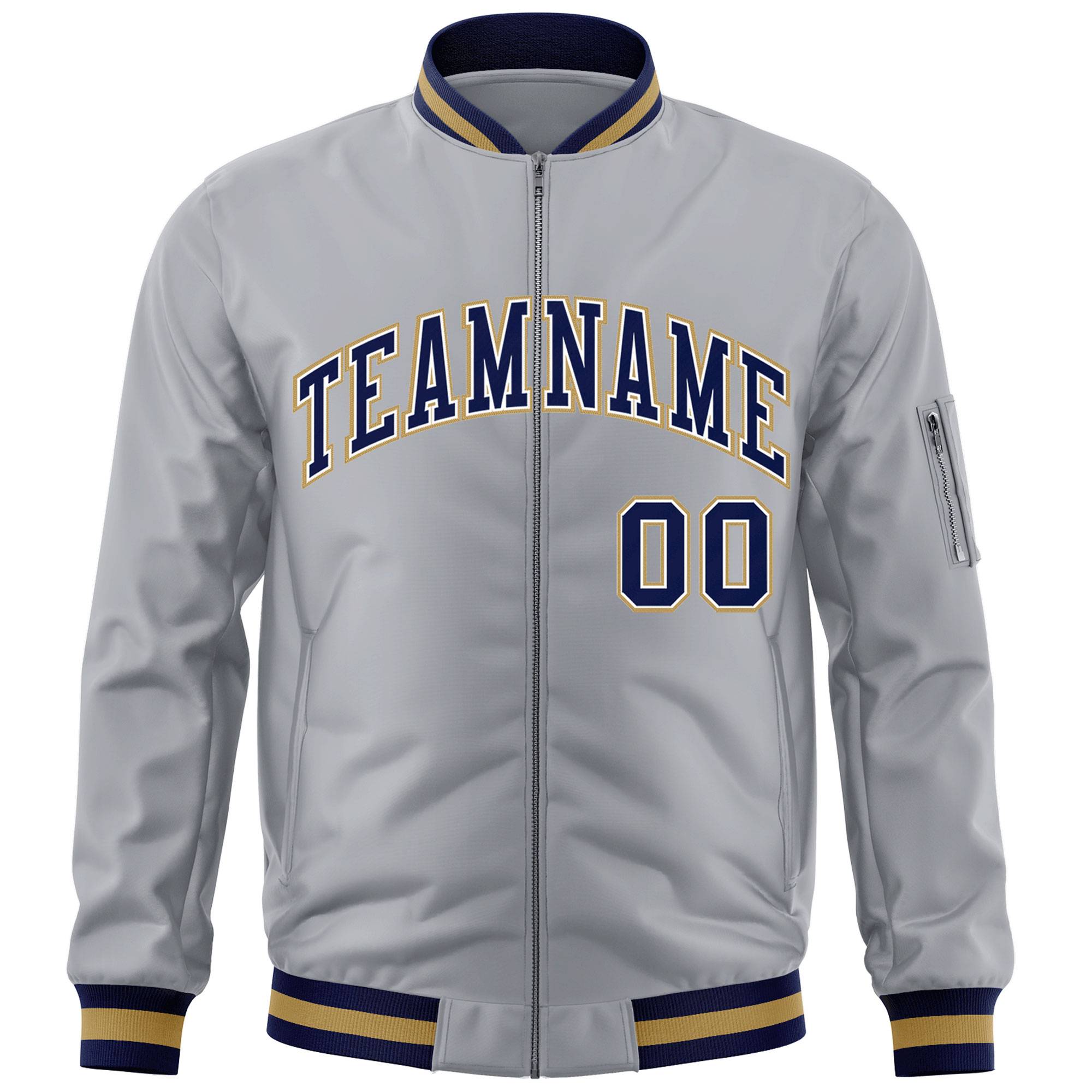 Custom Gray Navy-White Varsity Full-Zip Letterman Bomber Jacket