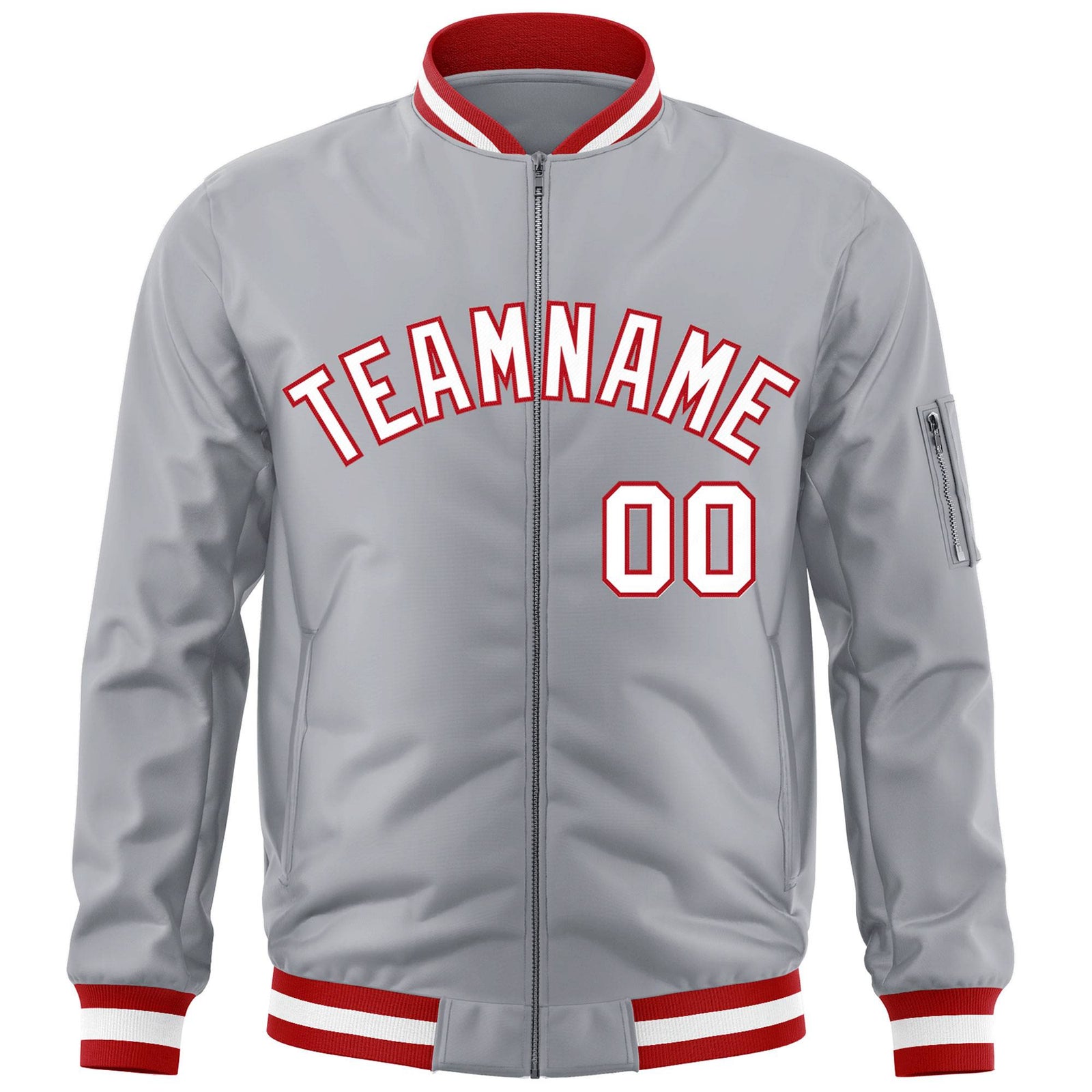 Custom Gray White-Red Varsity Full-Zip Letterman Bomber Jacket