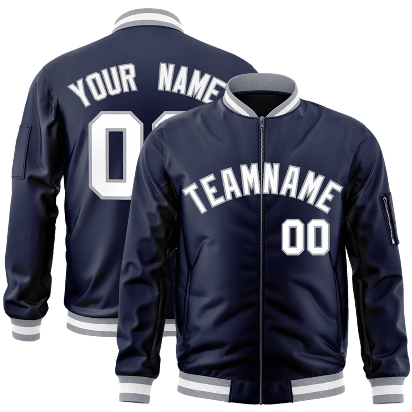 Custom Navy White-Gray Varsity Full-Zip Letterman Bomber Jacket