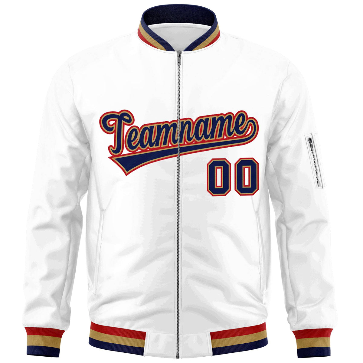 Custom White Navy-Red Varsity Full-Zip Letterman Bomber Jacket