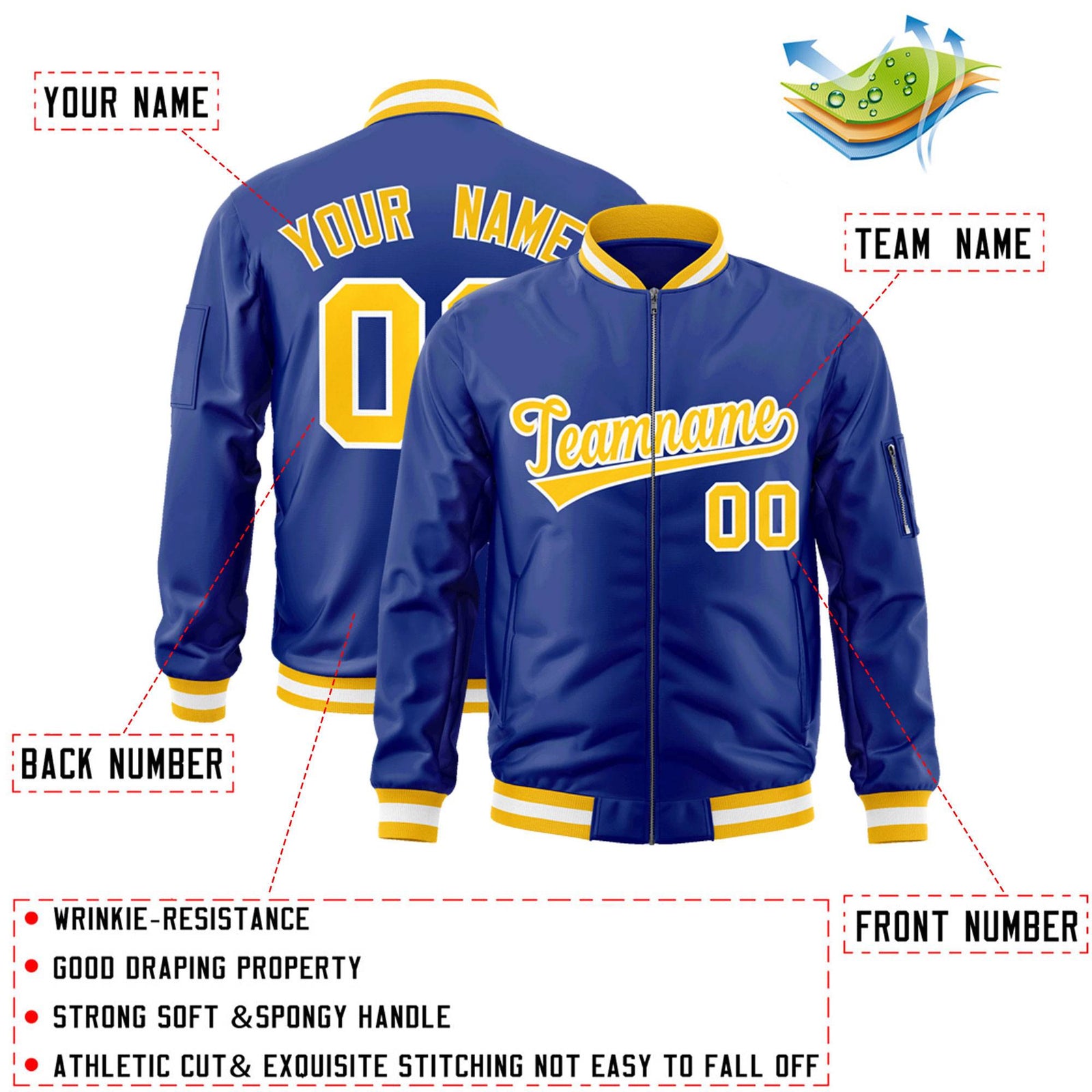 Custom Royal Gold-White Varsity Full-Zip Letterman Bomber Jacket