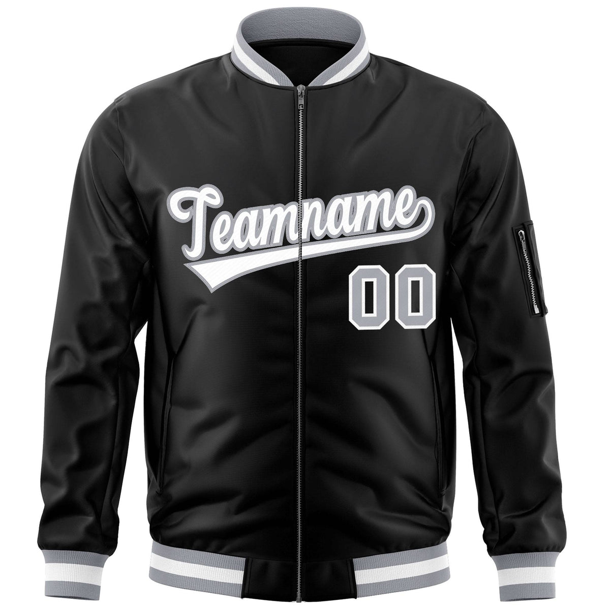Custom Black White-Gray Varsity Full-Zip Letterman Bomber Jacket