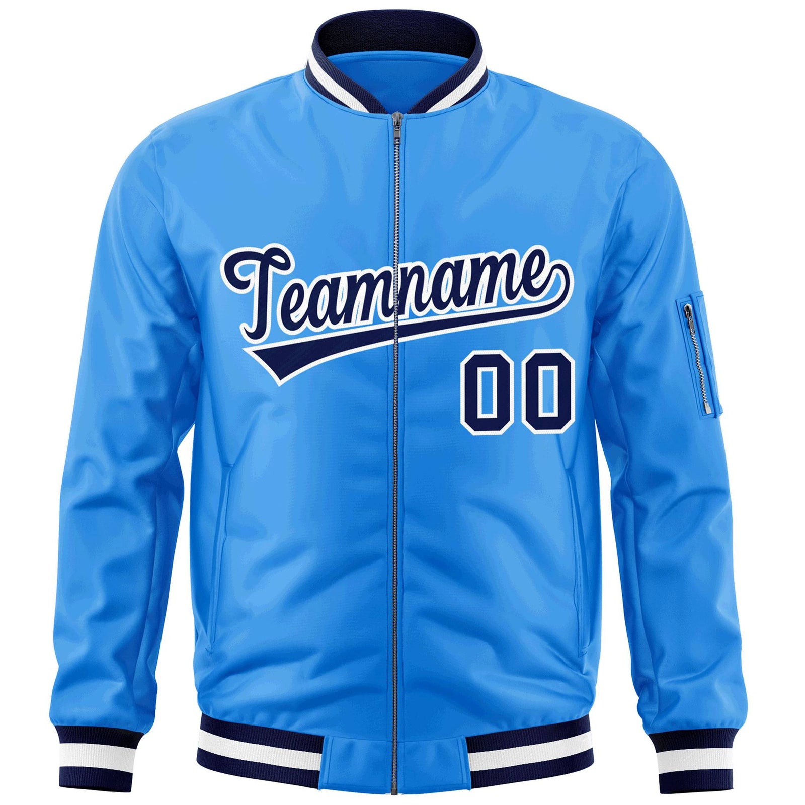 Custom Powder Blue Navy-White Varsity Full-Zip Letterman Bomber Jacket
